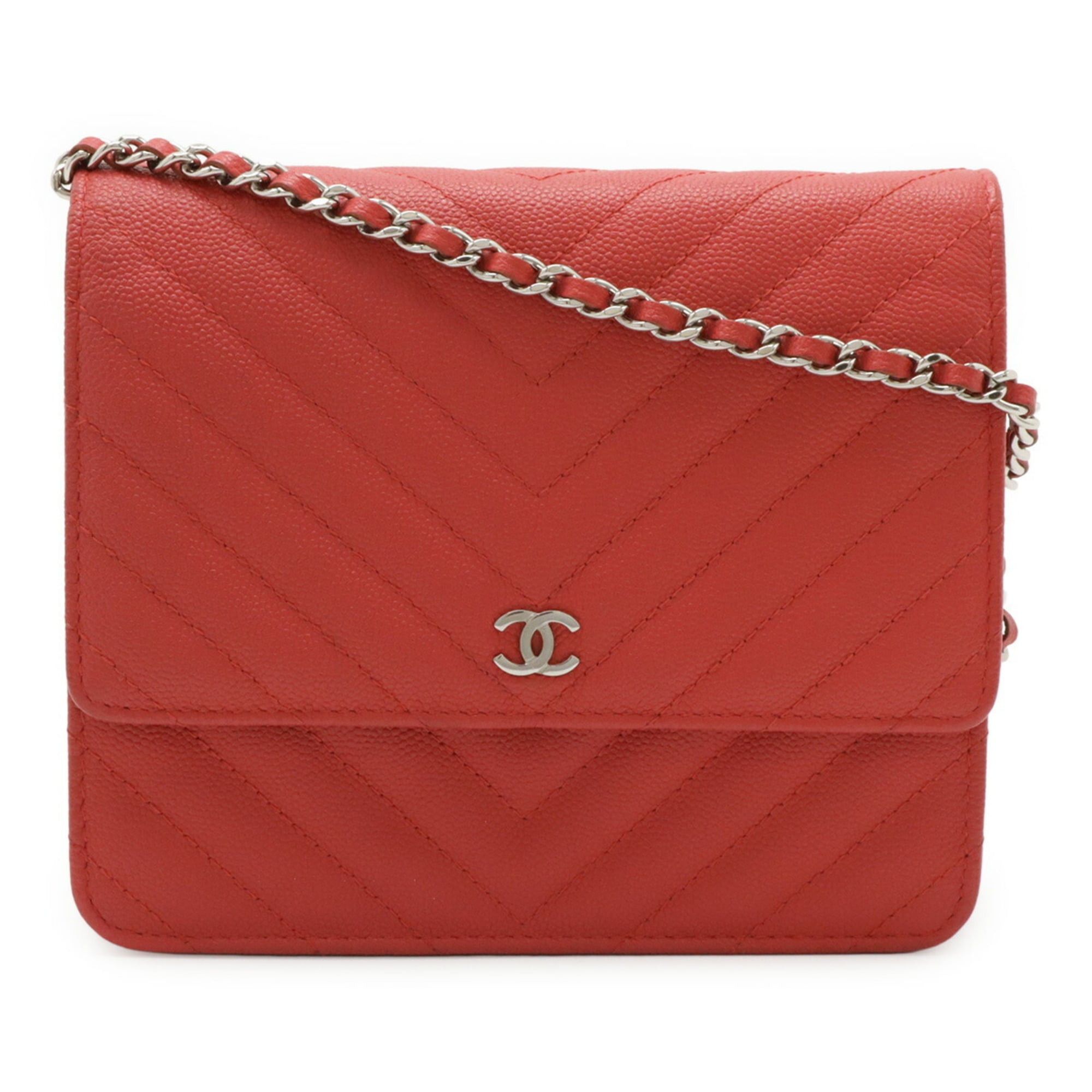 Chanel CHANEL V-Stitch Chevron Chain Wallet Shoulder Bag Pochette Caviar Leather Red Pink Size ONE SIZE - 2 Thumbnail