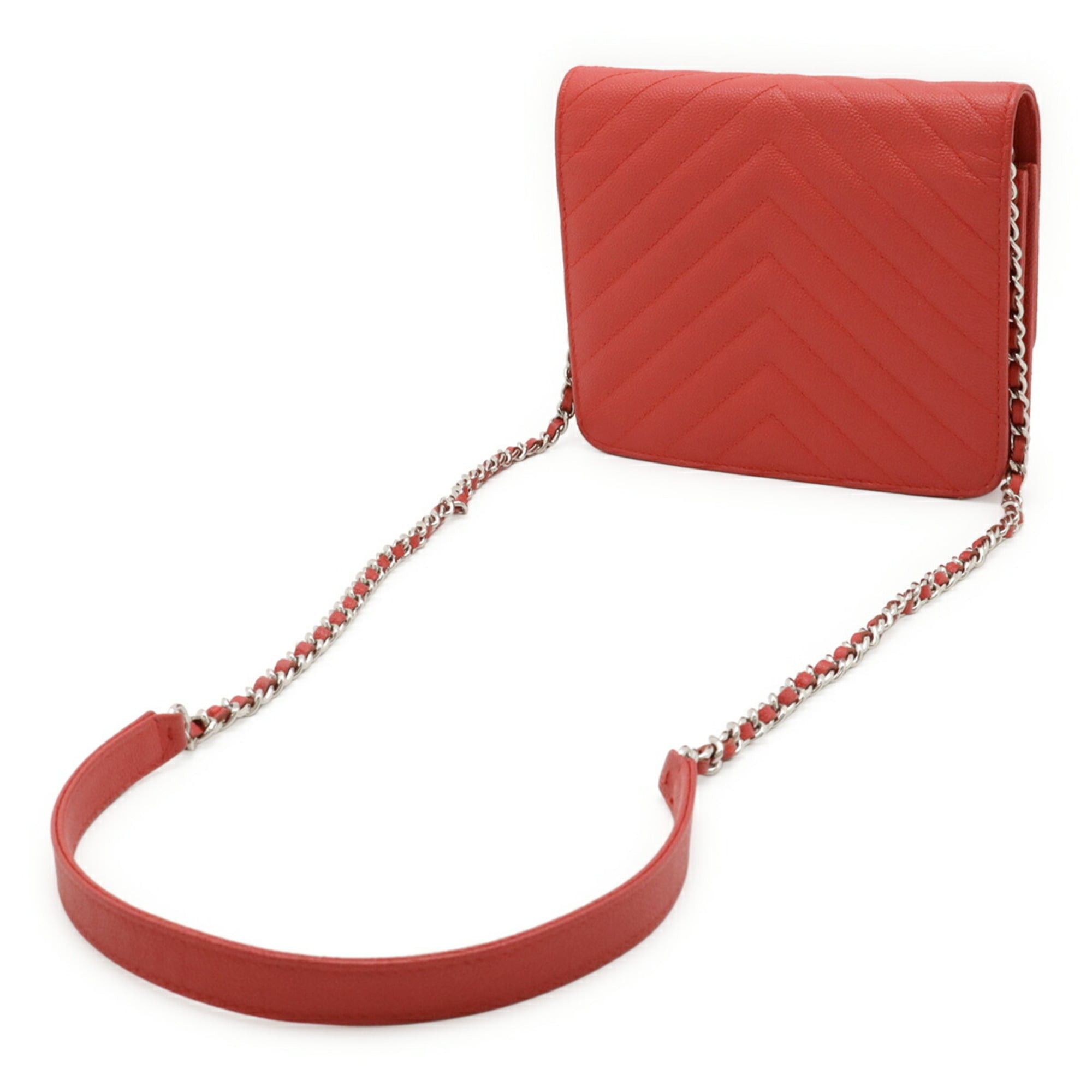 Chanel CHANEL V-Stitch Chevron Chain Wallet Shoulder Bag Pochette Caviar Leather Red Pink Size ONE SIZE - 3 Thumbnail