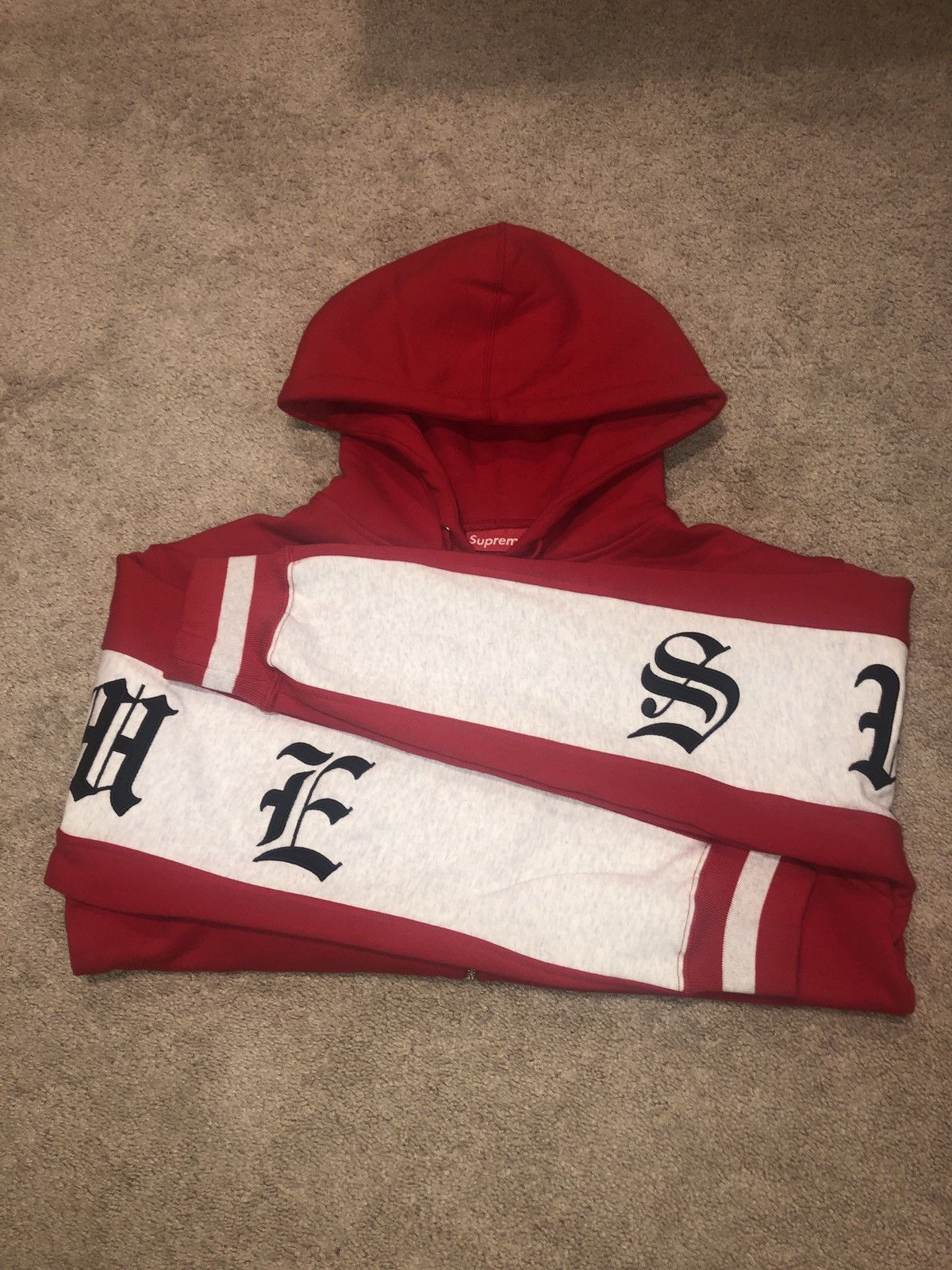 Supreme Supreme Old English Stripe Zip Up Hoodie MED. | Grailed