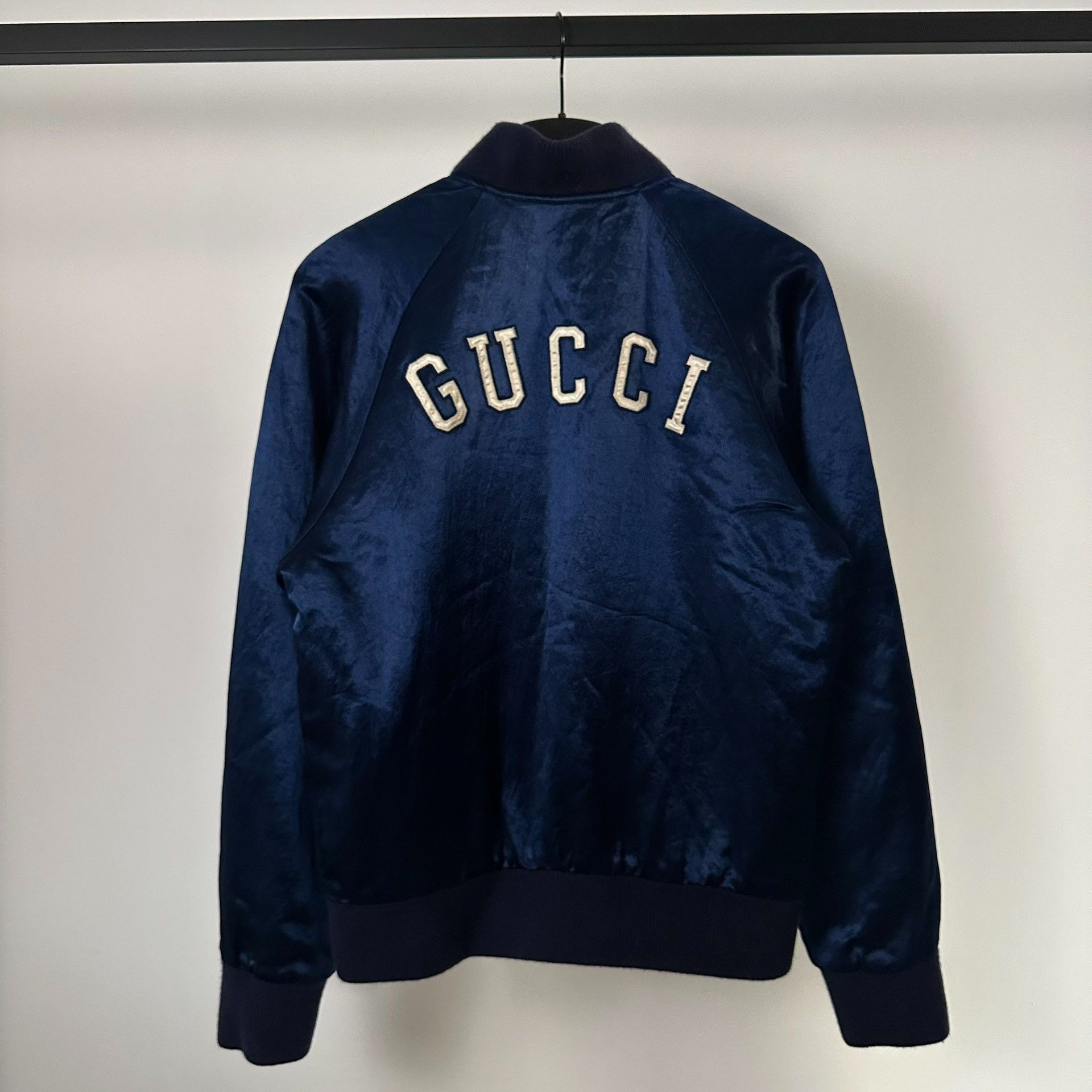 gucci blue silk baseball jacket with logo