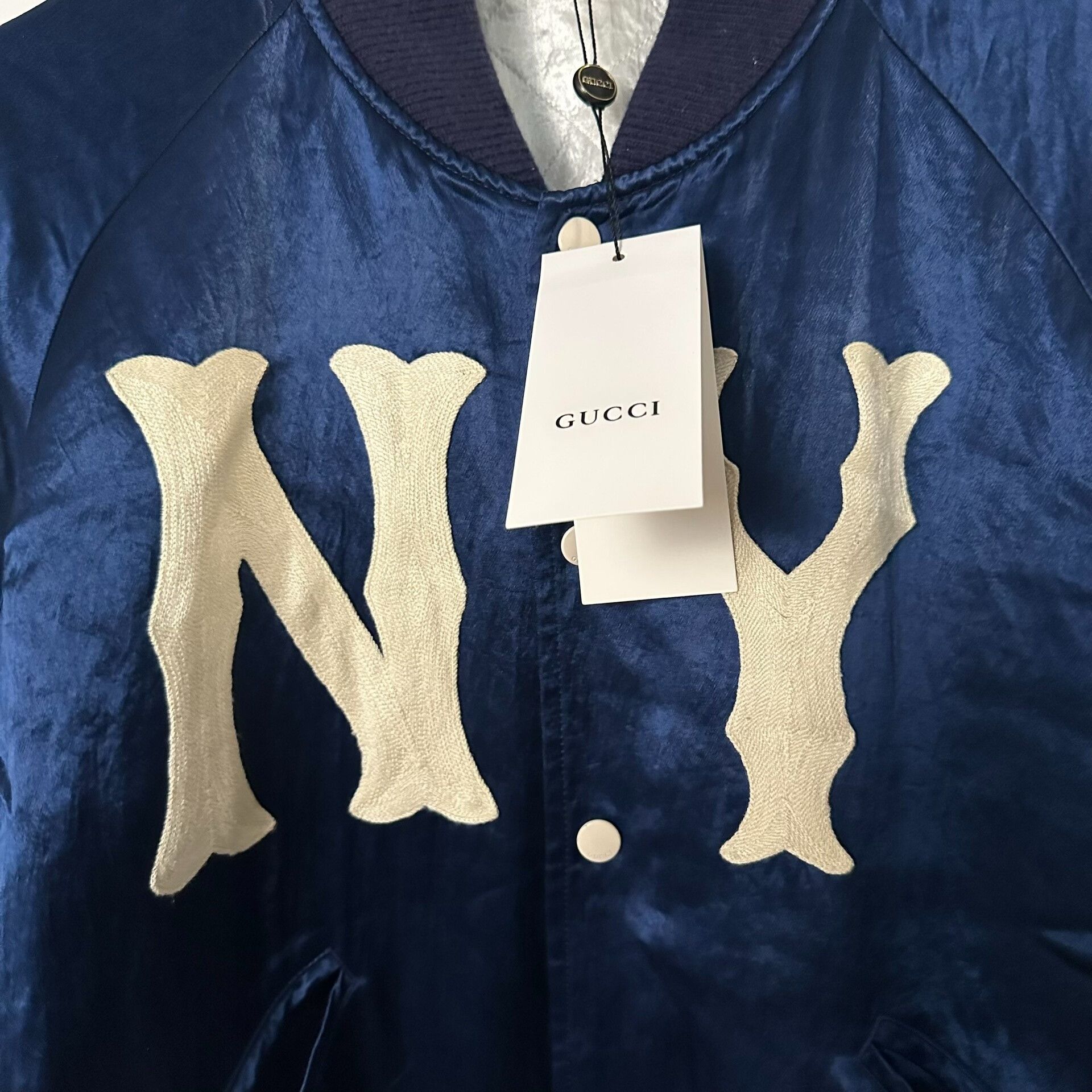 gucci blue silk baseball jacket with logo