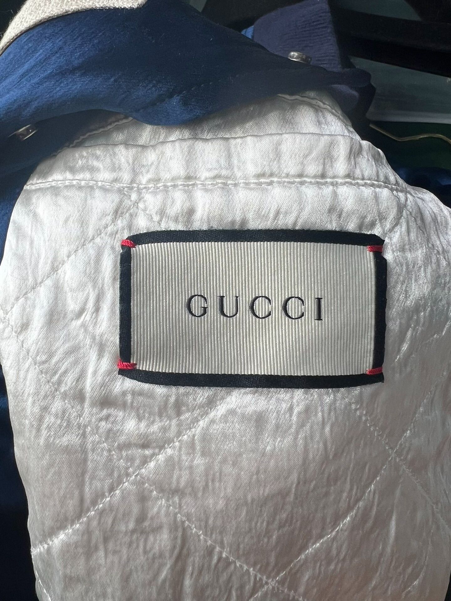 gucci blue silk baseball jacket with logo