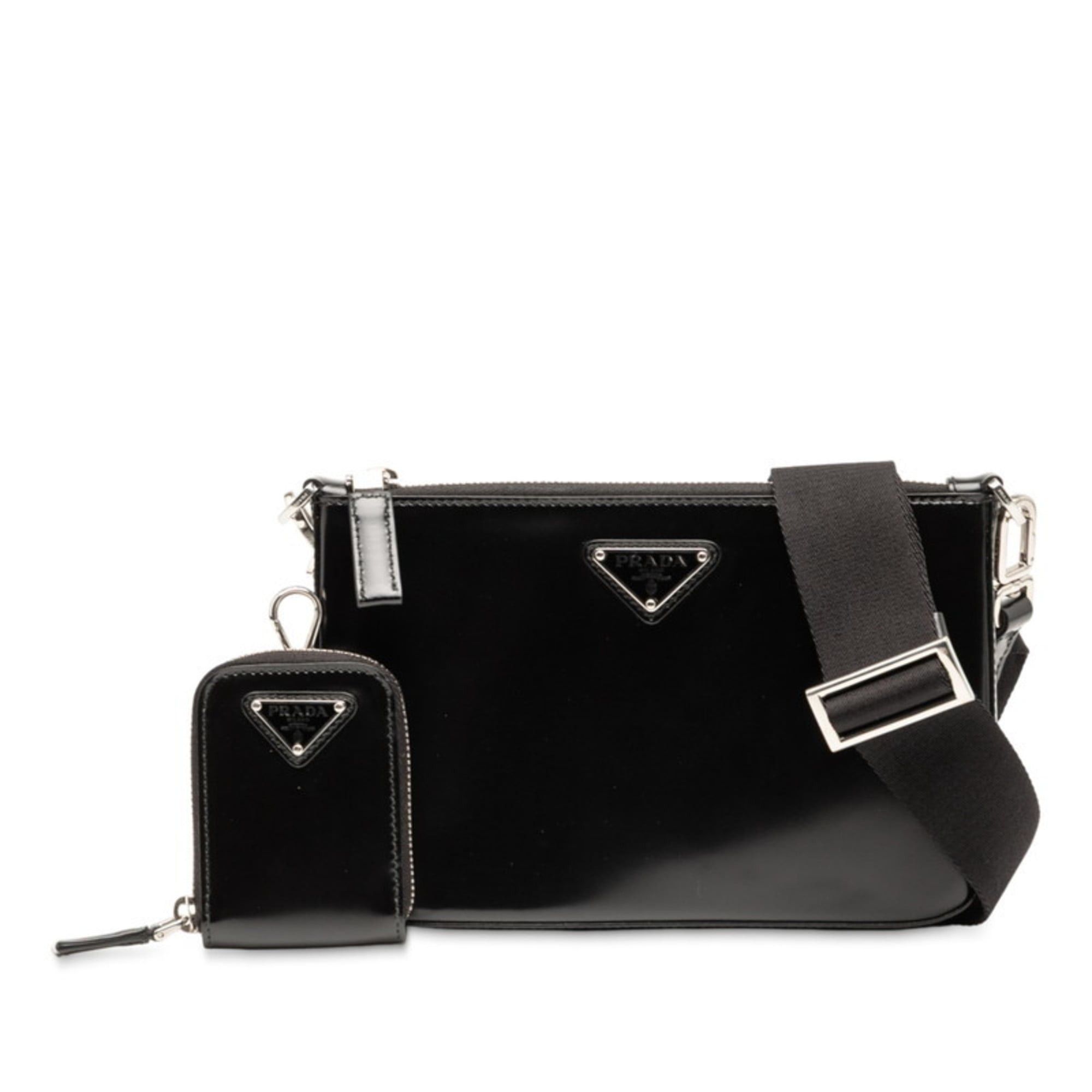 Prada Triangle Logo Plate Shoulder Bag 2VH129 Black Leather Women's PRADA