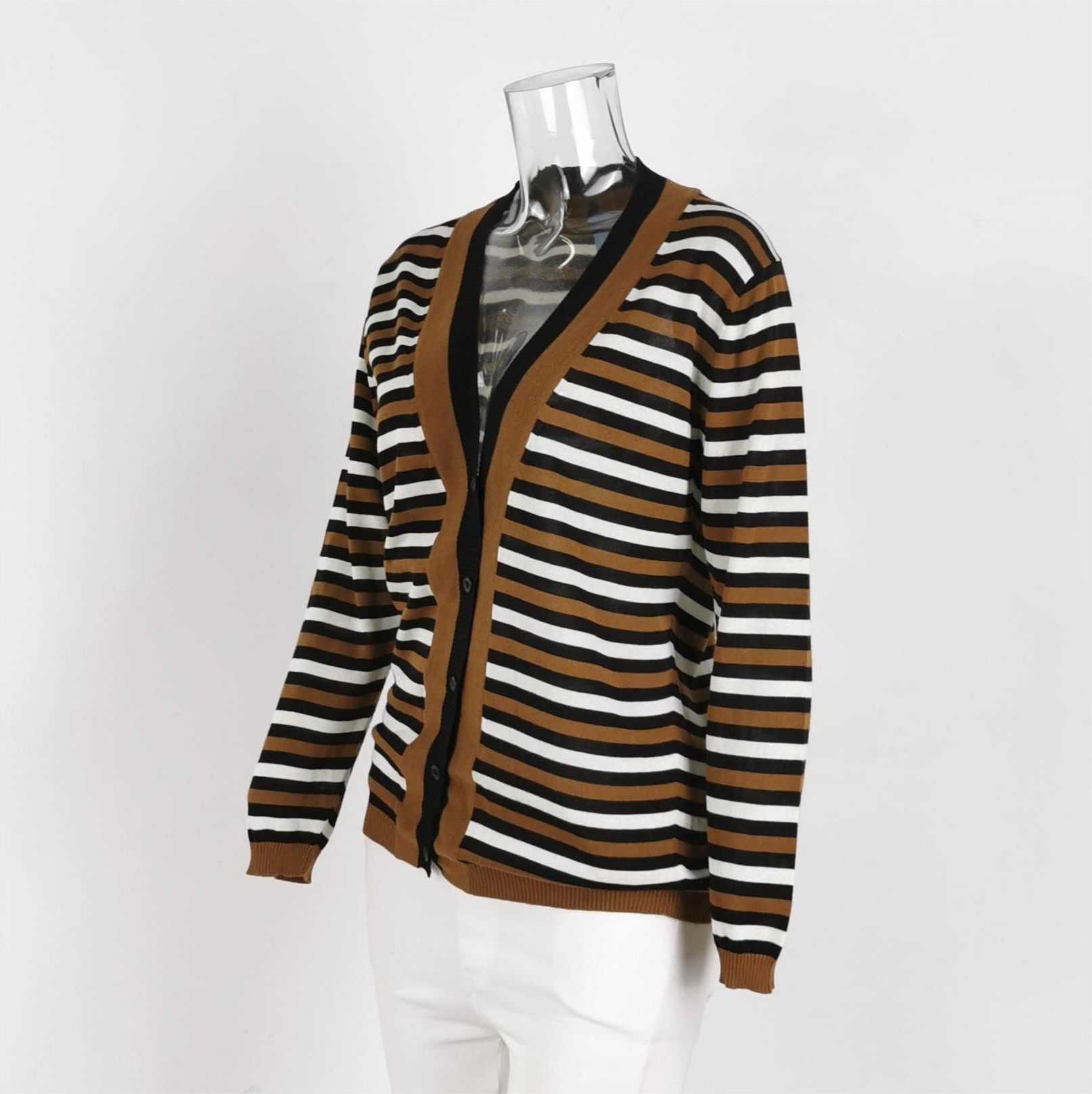 Prada Prada Striped V-Neck Knit Cardigan in Brown 0089 Size M / US 6-8 / IT 42-44 - 2 Thumbnail