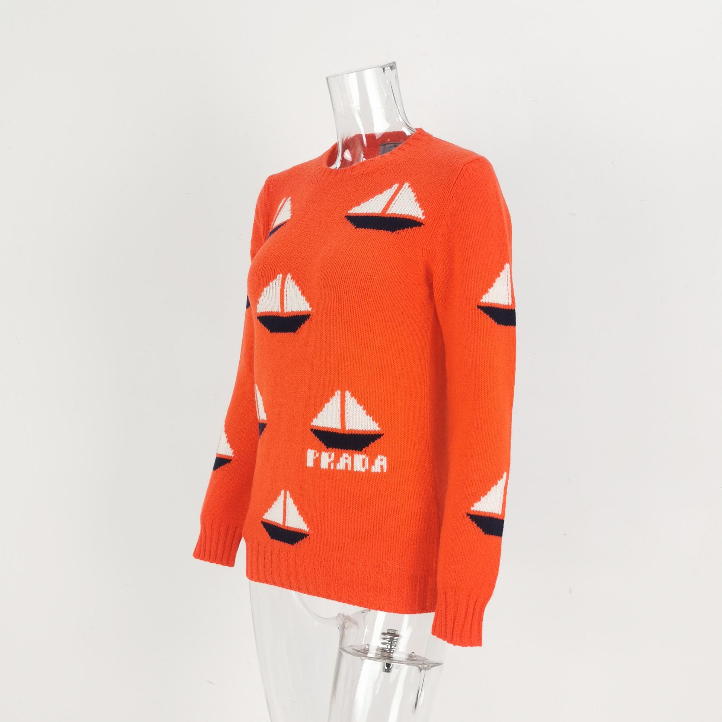 Prada Prada Orange Knitted Sweater with Sailboat Design - dmc Size M / US 6-8 / IT 42-44 - 2 Thumbnail