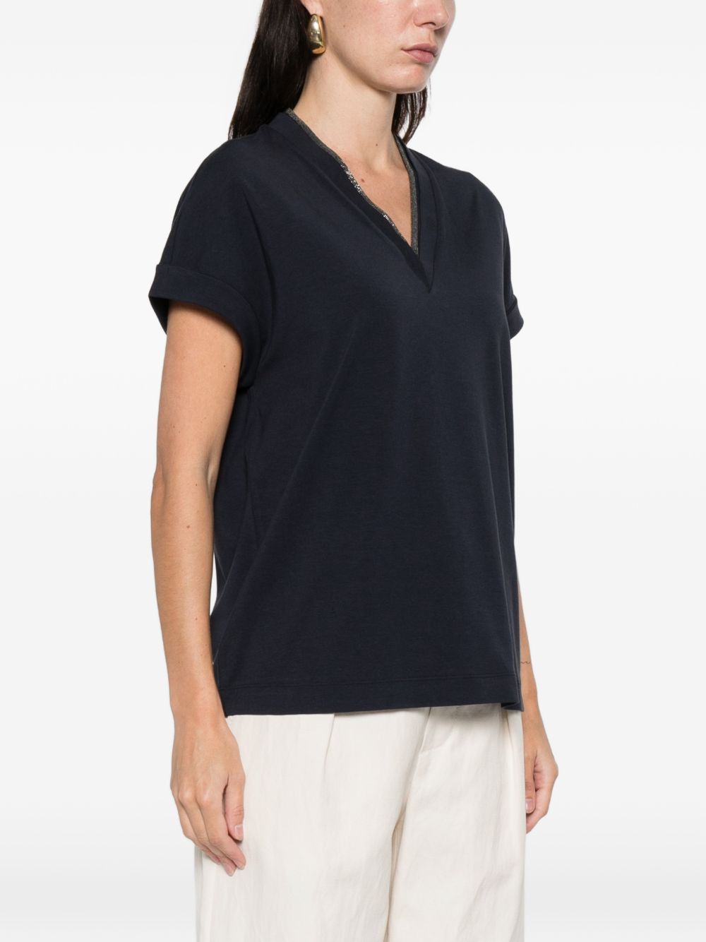Brunello Cucinelli COTTON V-NECKED T-SHIRT Size L / US 10 / IT 46 - 3 Thumbnail
