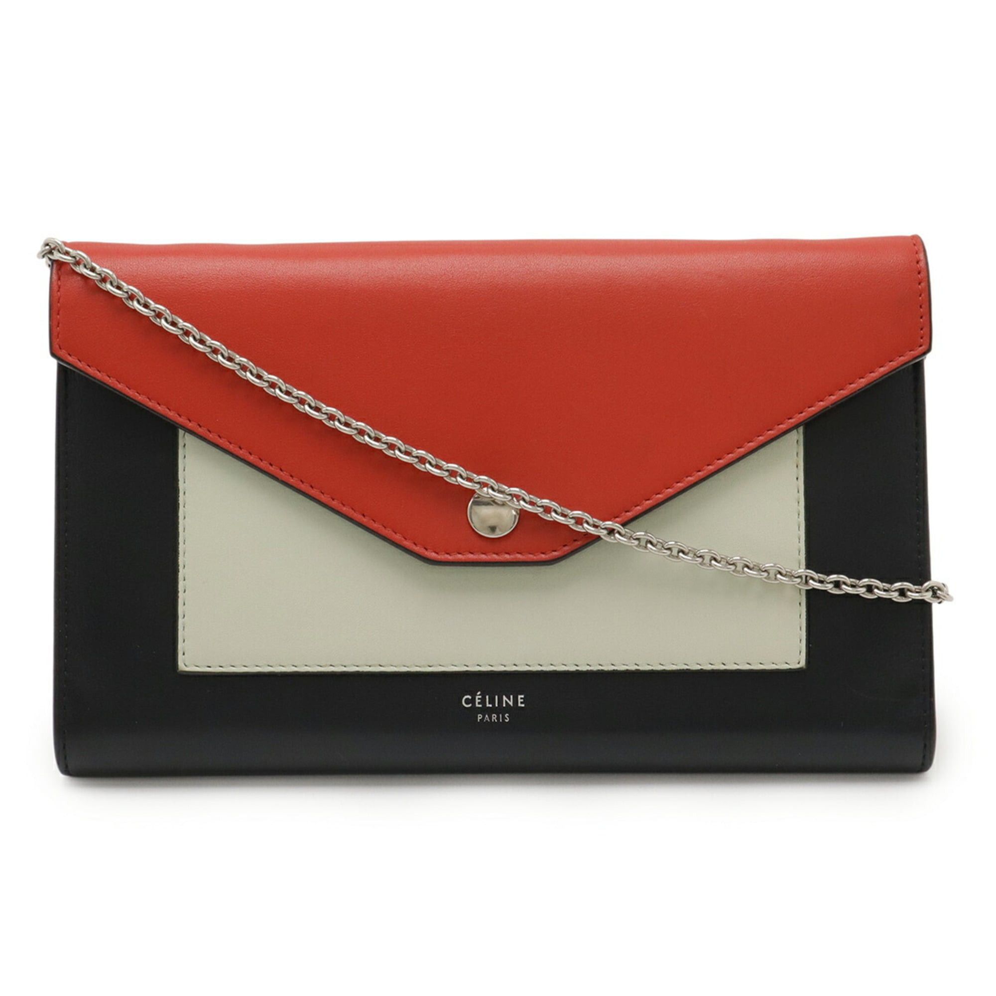 Celine CELINE Pocket Large Flap Chain Wallet Shoulder Bag Clutch Leather Black Red Ivory Size ONE SIZE - 2 Thumbnail