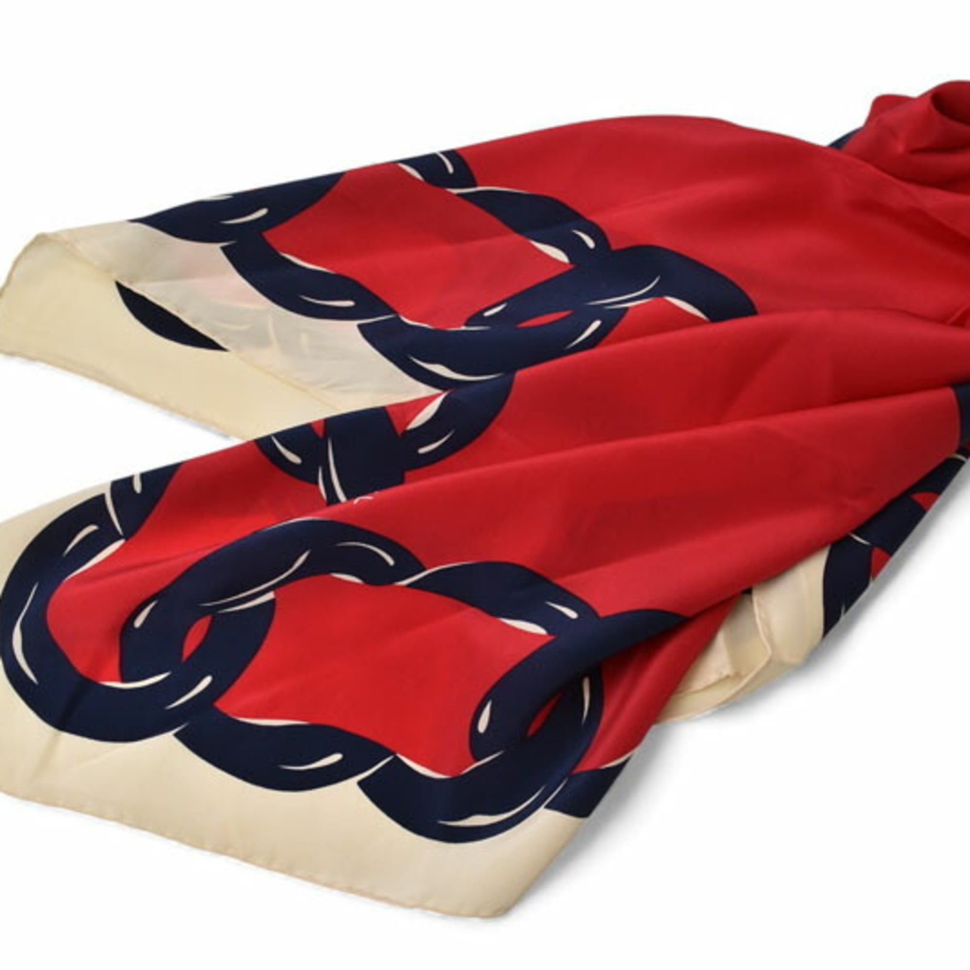 Chanel CHANEL scarf/stole with COCO mark and chain pattern, silk, white, red, navy Size ONE SIZE - 7 Thumbnail