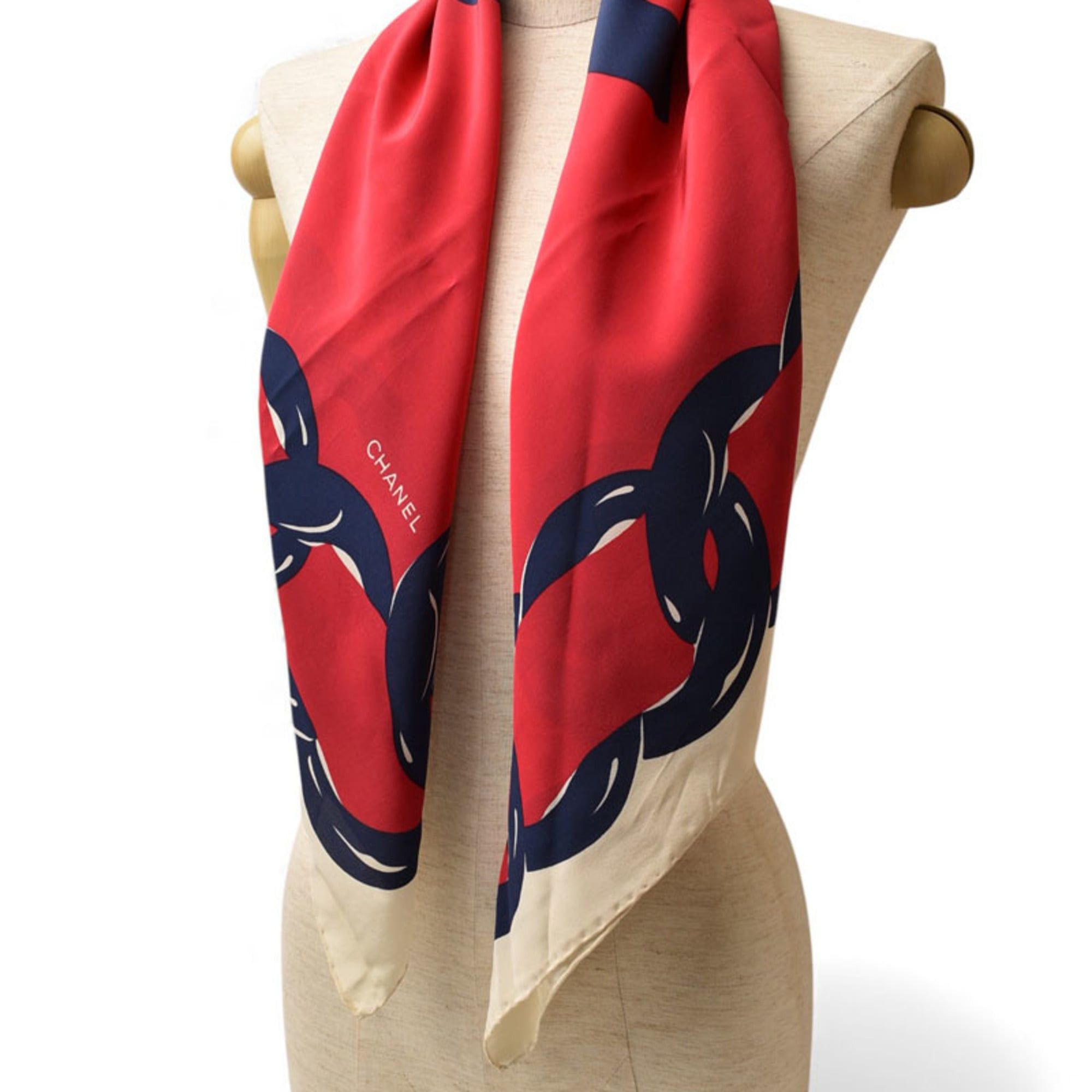 Chanel CHANEL scarf/stole with COCO mark and chain pattern, silk, white, red, navy Size ONE SIZE - 10 Thumbnail