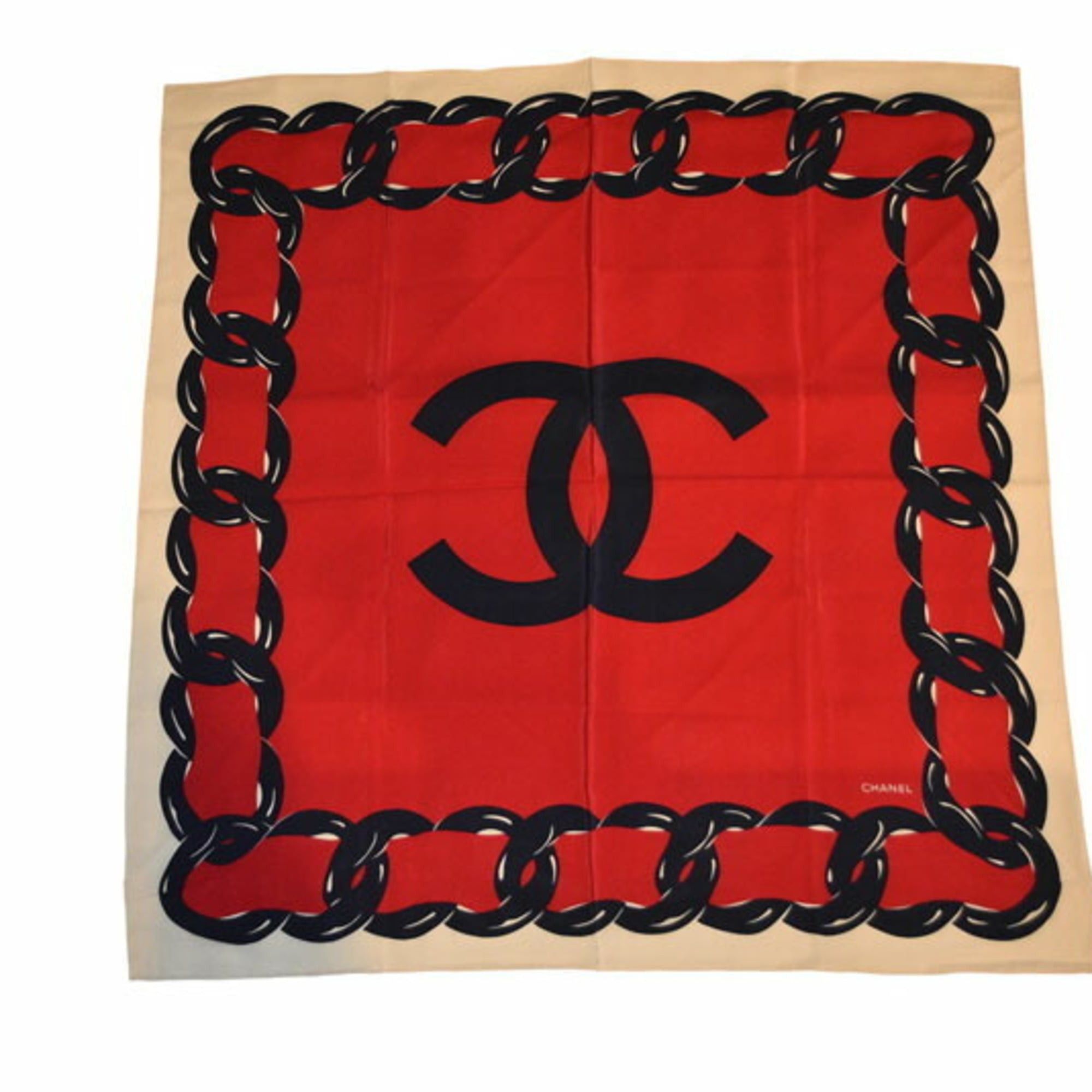 Chanel CHANEL scarf/stole with COCO mark and chain pattern, silk, white, red, navy Size ONE SIZE - 2 Thumbnail