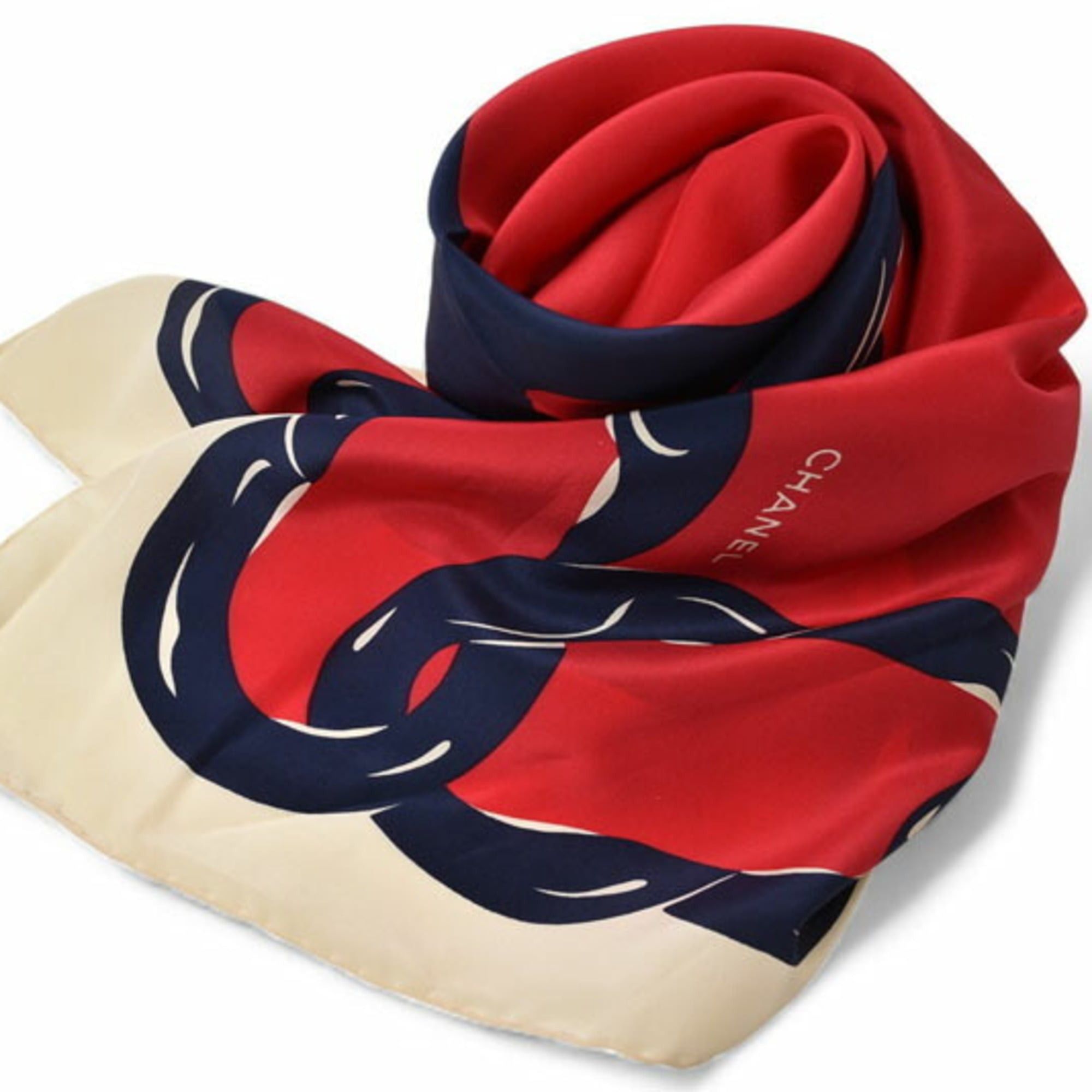 Chanel CHANEL scarf/stole with COCO mark and chain pattern, silk, white, red, navy Size ONE SIZE - 3 Thumbnail