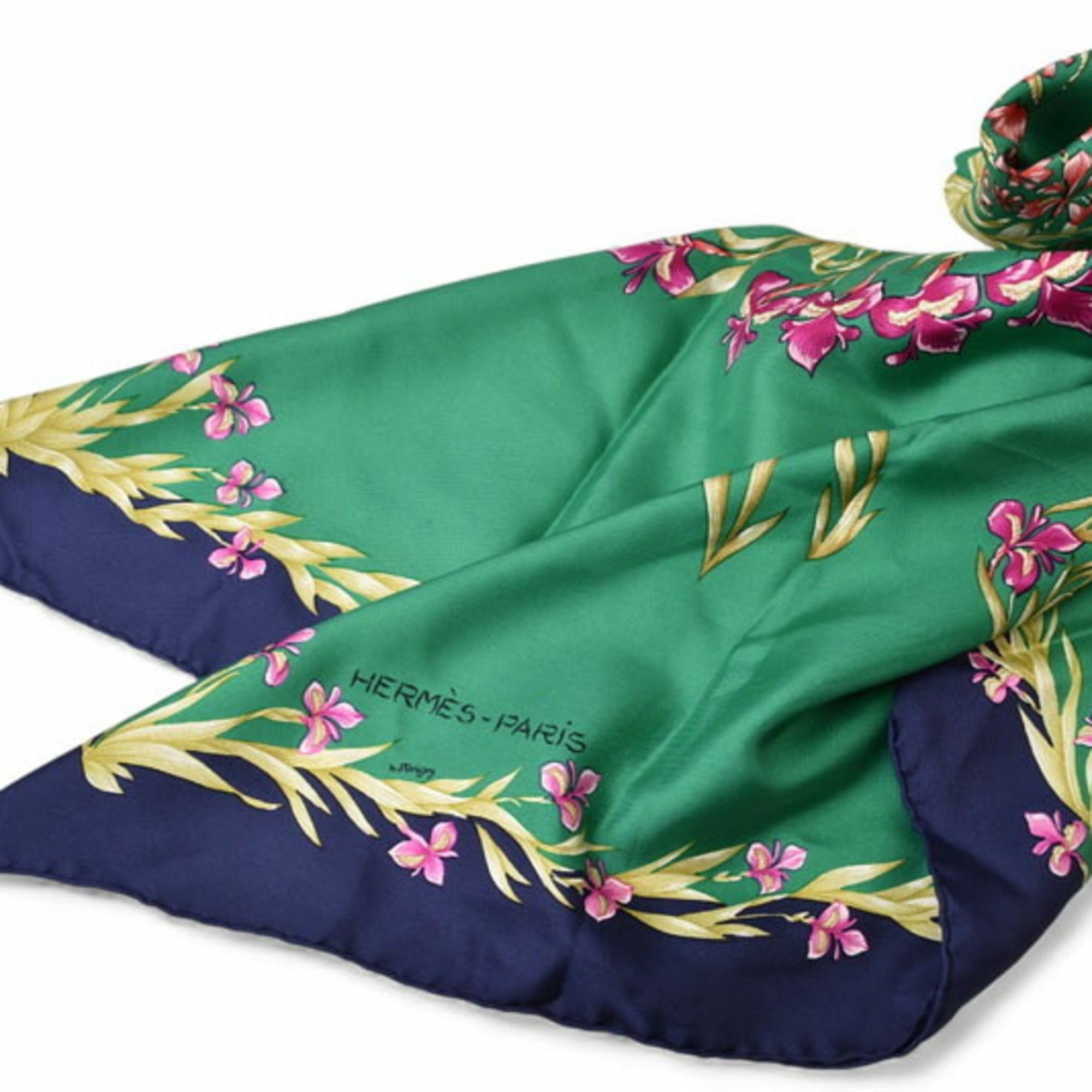 Hermes Hermes Hermès Carré 90 Scarf, Silk Twill, Flowering Horse, H. d'Origny, Henri Green/Navy Size ONE SIZE - 4 Thumbnail