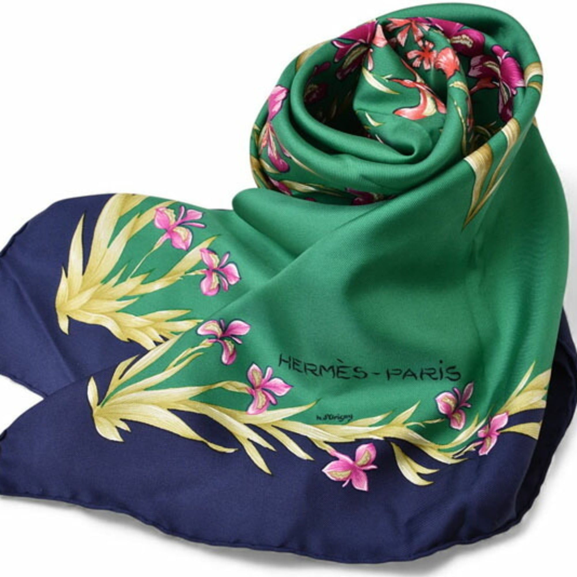 Hermes Hermes Hermès Carré 90 Scarf, Silk Twill, Flowering Horse, H. d'Origny, Henri Green/Navy Size ONE SIZE - 3 Thumbnail