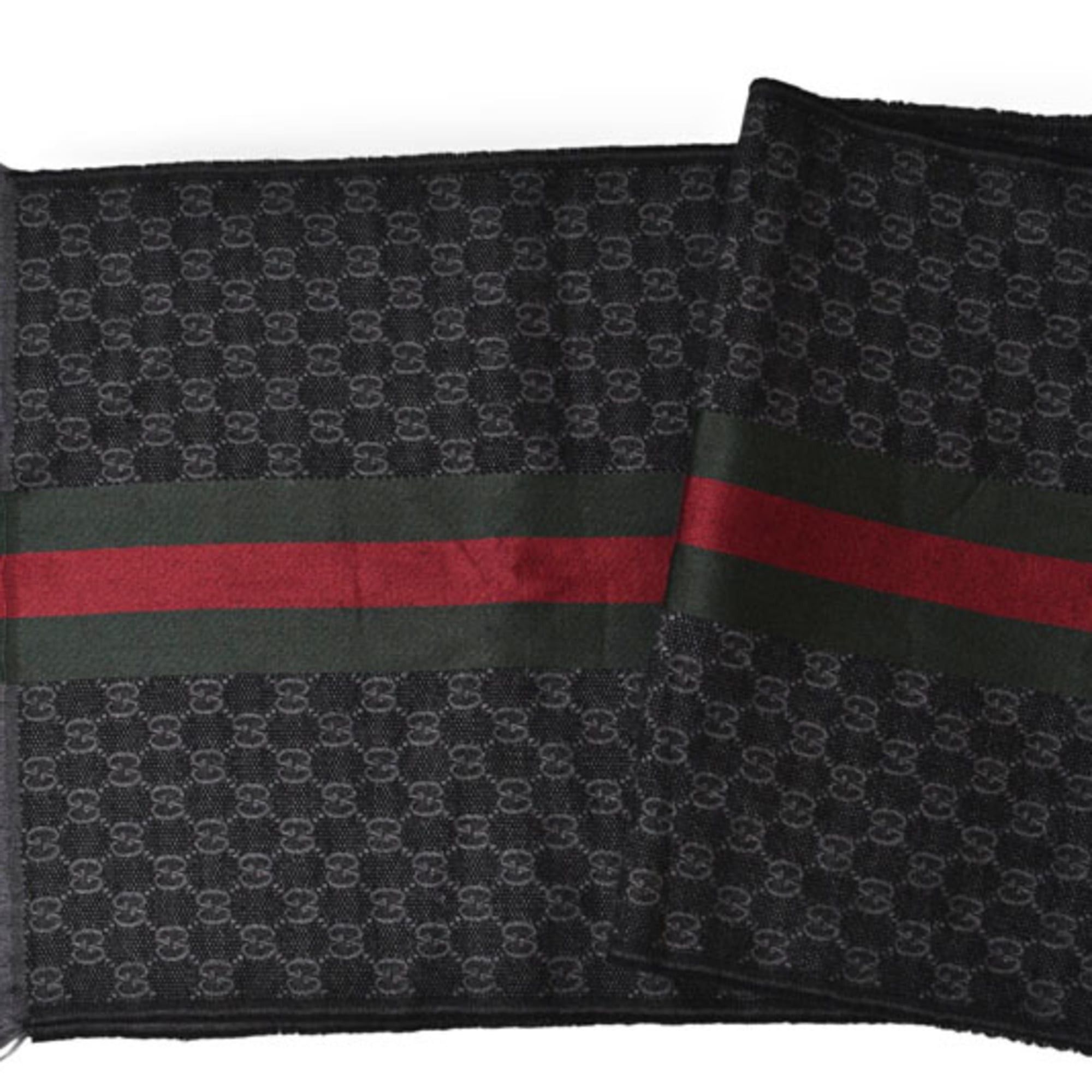 Gucci Gucci Winter Scarf, Wool and Silk with GG Pattern Webbing Lines, 147351, Gray Black Size ONE SIZE - 3 Thumbnail