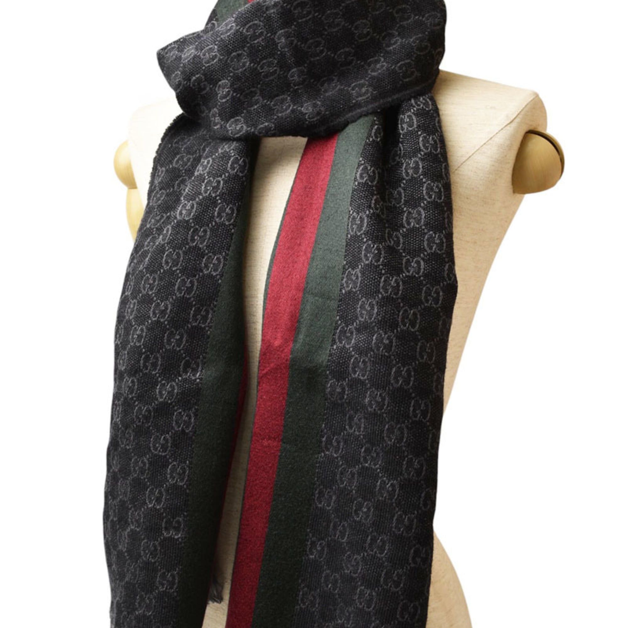 Gucci Gucci Winter Scarf, Wool and Silk with GG Pattern Webbing Lines, 147351, Gray Black Size ONE SIZE - 9 Thumbnail
