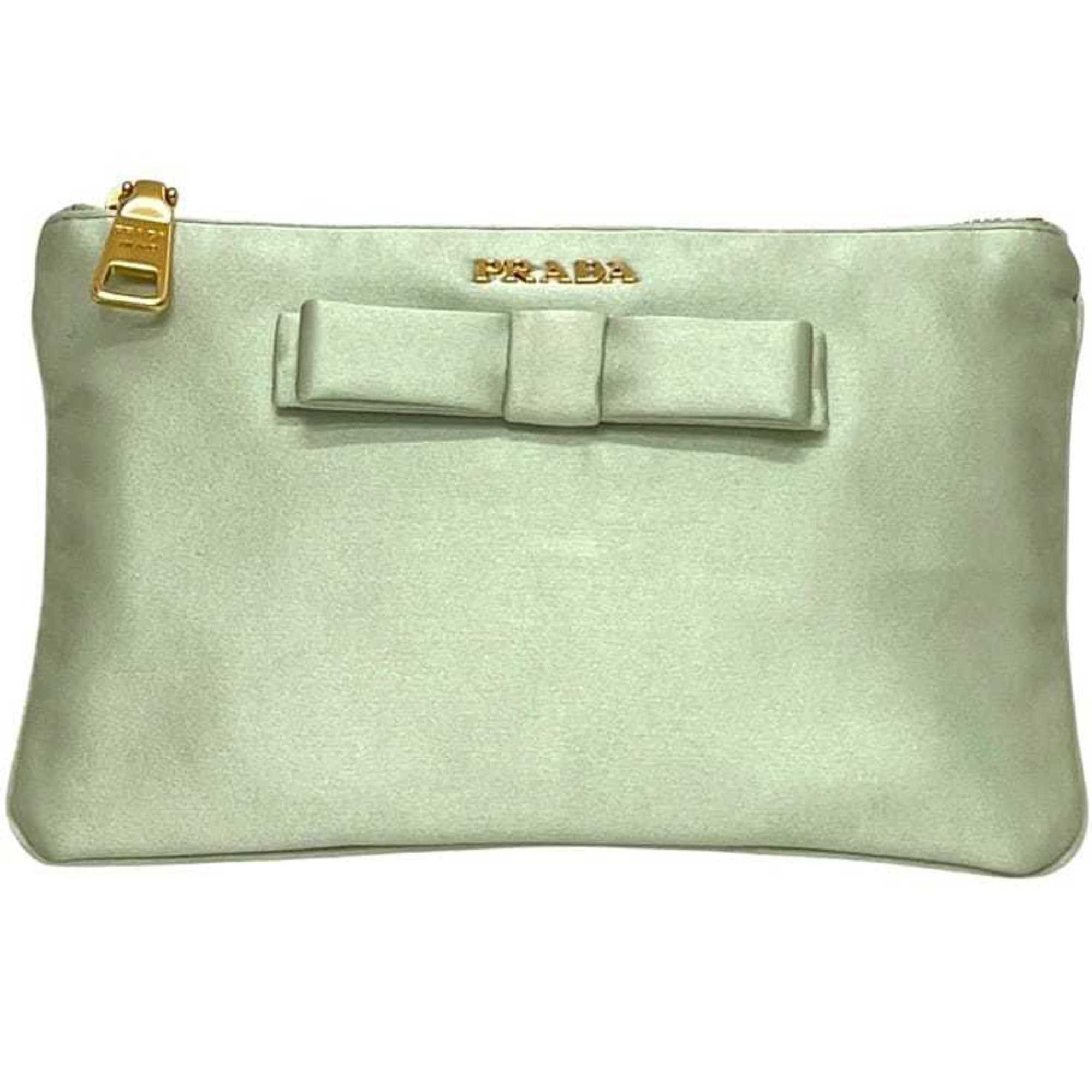 Prada Prada pouch ec-24593 light green satin 210 PRADA ribbon yellow-green women's mini with motif Size ONE SIZE - 2 Thumbnail