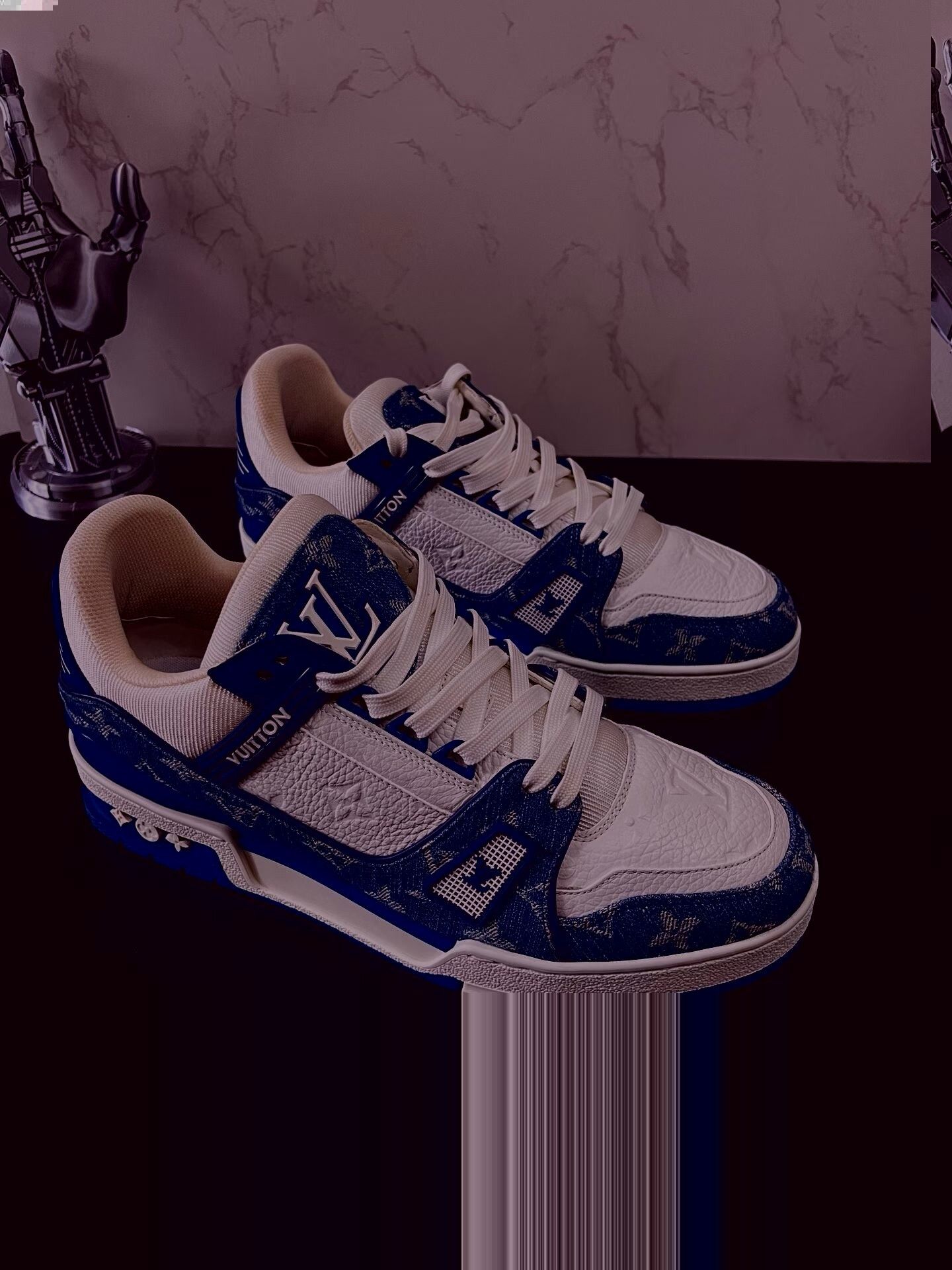 Louis Vuitton lv trainer white blue denim sneakers Size US 6.5 / EU 39-40 - 3 Thumbnail
