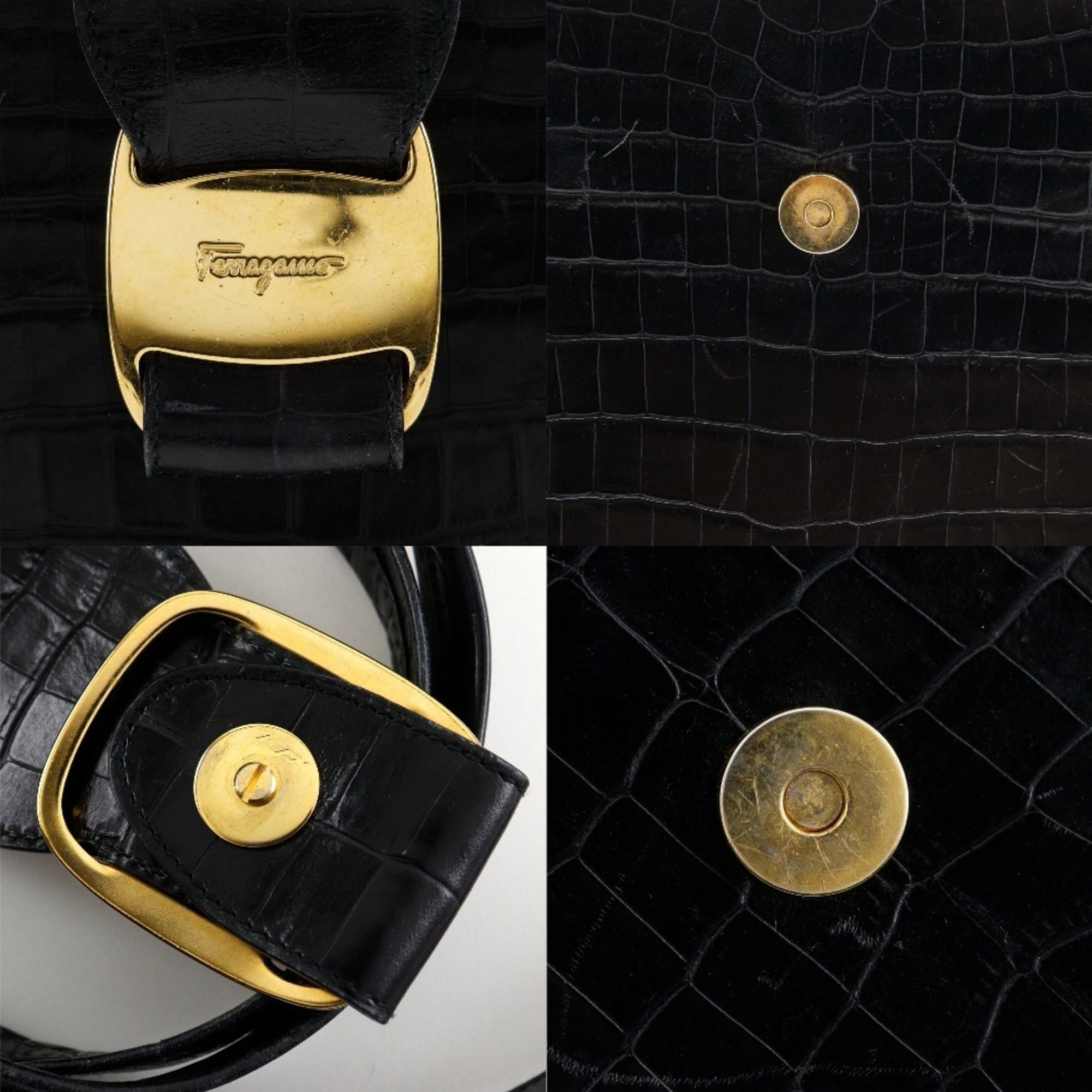Salvatore Ferragamo Salvatore Ferragamo Vara Handbag, 2-Way Shoulder Bag AQ-21 8252, Embossed Leather, Black, Crossbody, Magnetic closure, Women's Size ONE SIZE - 9 Thumbnail