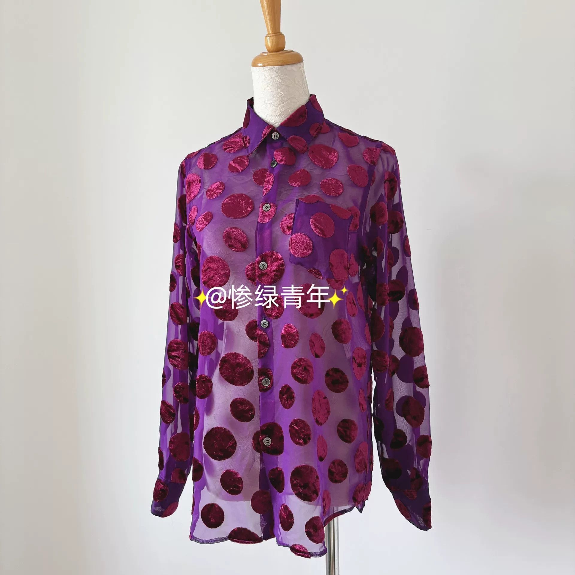 Junya Watanabe vintage purple velvet dotted sheer long sleeve shirt Size US S / EU 44-46 / 1 - 3 Thumbnail