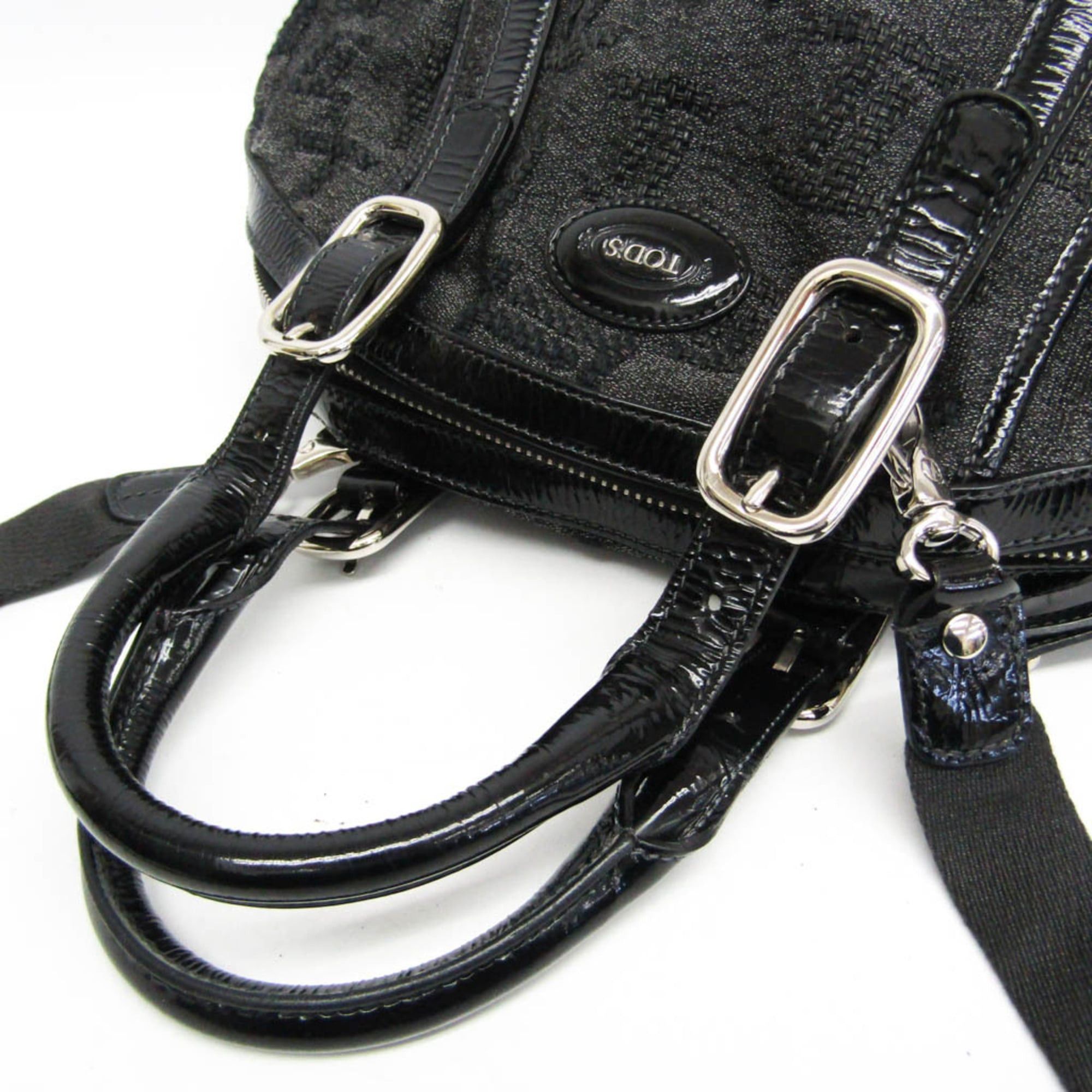 Tod's Tod's Small Boston Bag Women's Canvas,Patent Leather Handbag,Shoulder Bag Black,Dark Gray Size ONE SIZE - 10 Thumbnail