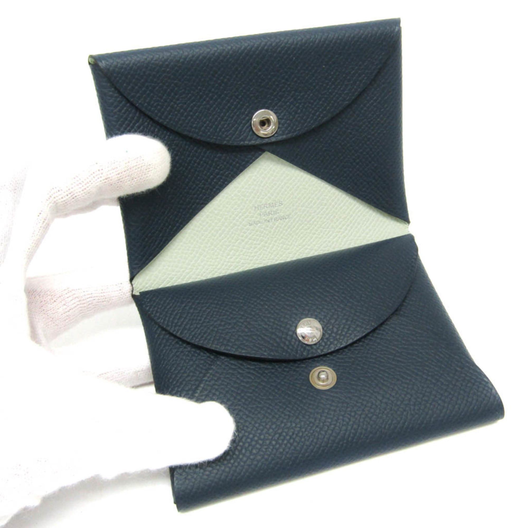 Hermes Hermes Calvi Duo Verso Epsom Leather Card Case Light Green,Navy Size ONE SIZE - 4 Thumbnail