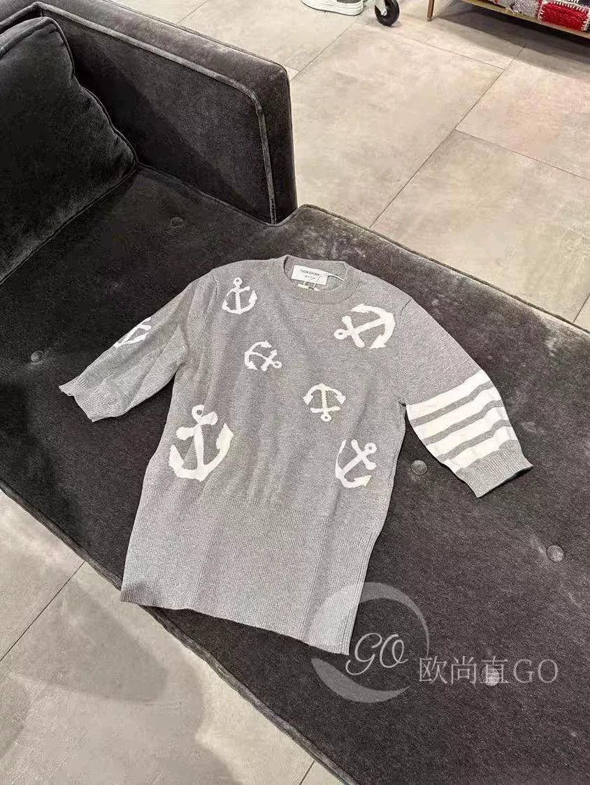 Thom Browne gray anchor pattern short sleeve knit top Size US M / EU 48-50 / 2 - 4 Thumbnail