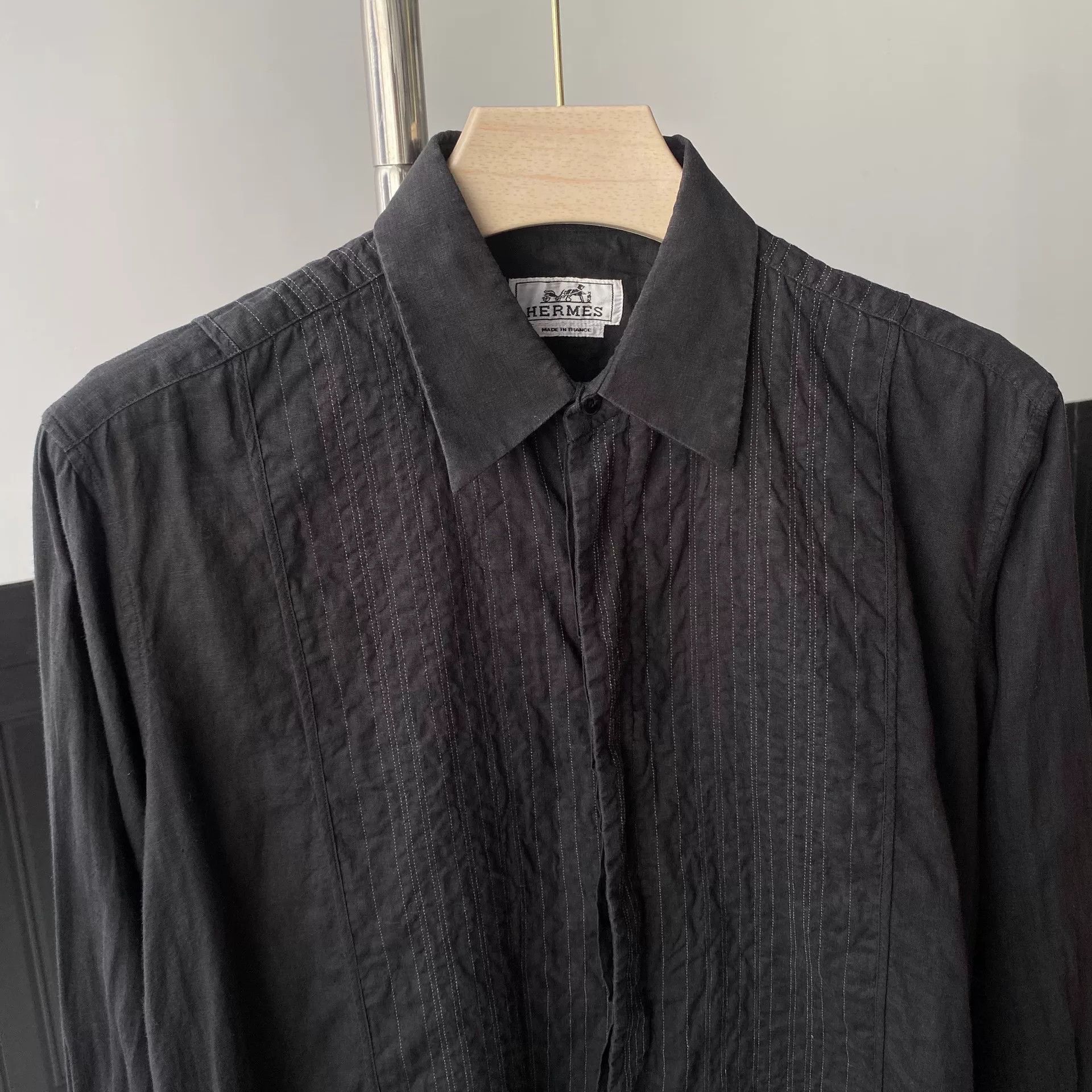 Hermes Hermes Black Linen Stitch Stripe Shirt Size US M / EU 48-50 / 2 - 5 Thumbnail