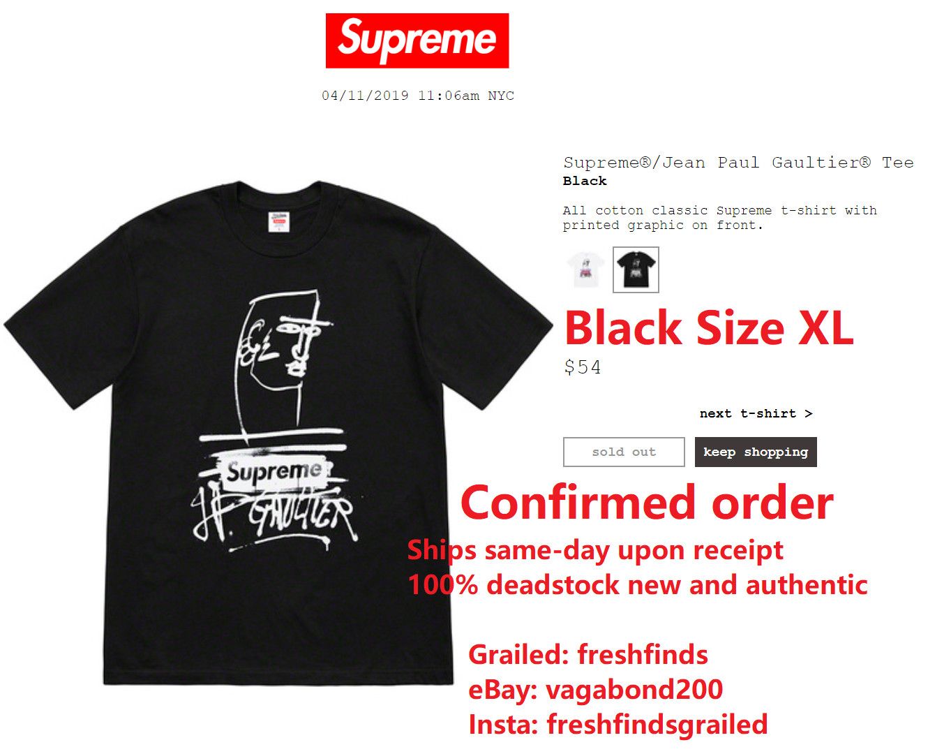 XL】Supreme Jean Paul Gaultier Tee Black