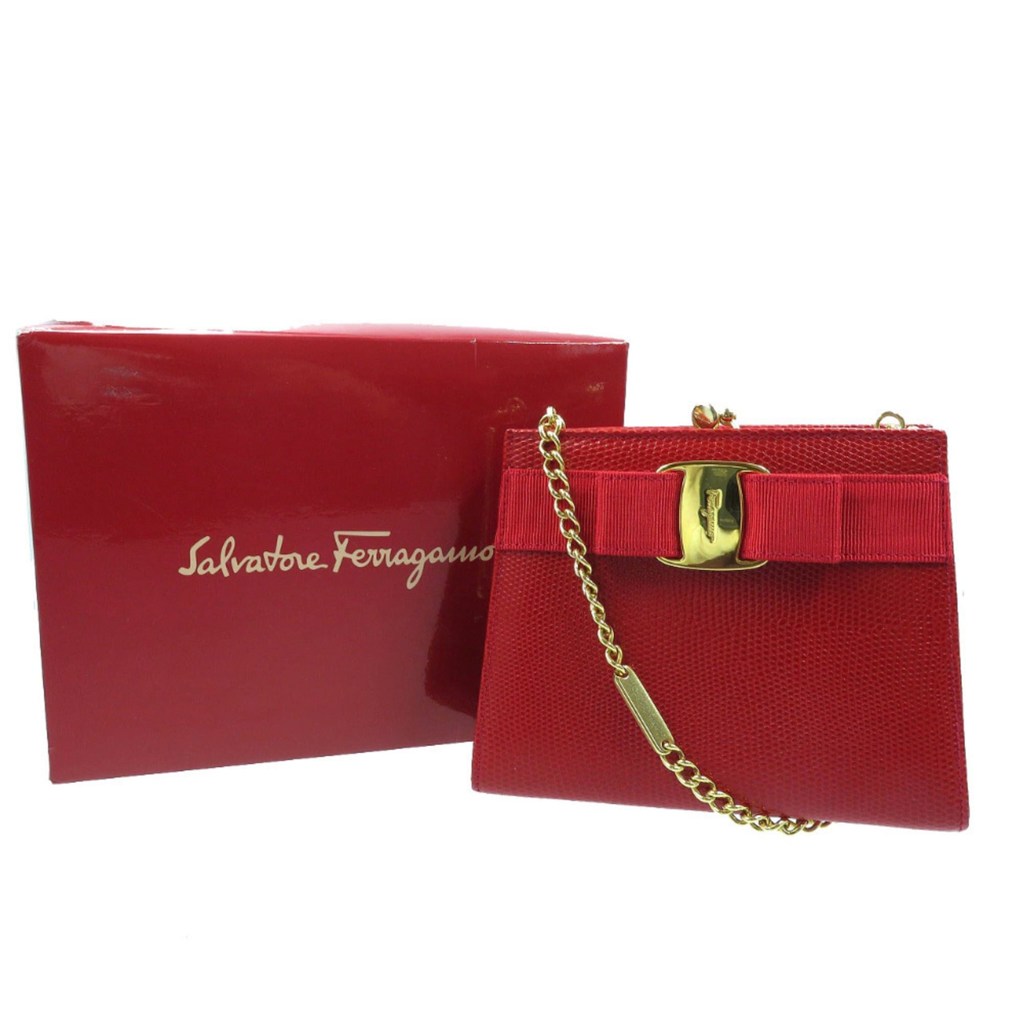 Salvatore Ferragamo Excellent condition Salvatore Ferragamo Vara Ribbon embossed lizard red shoulder bag 223354 with gold chain. Item number 0018. Ferragamo. Size ONE SIZE - 3 Thumbnail