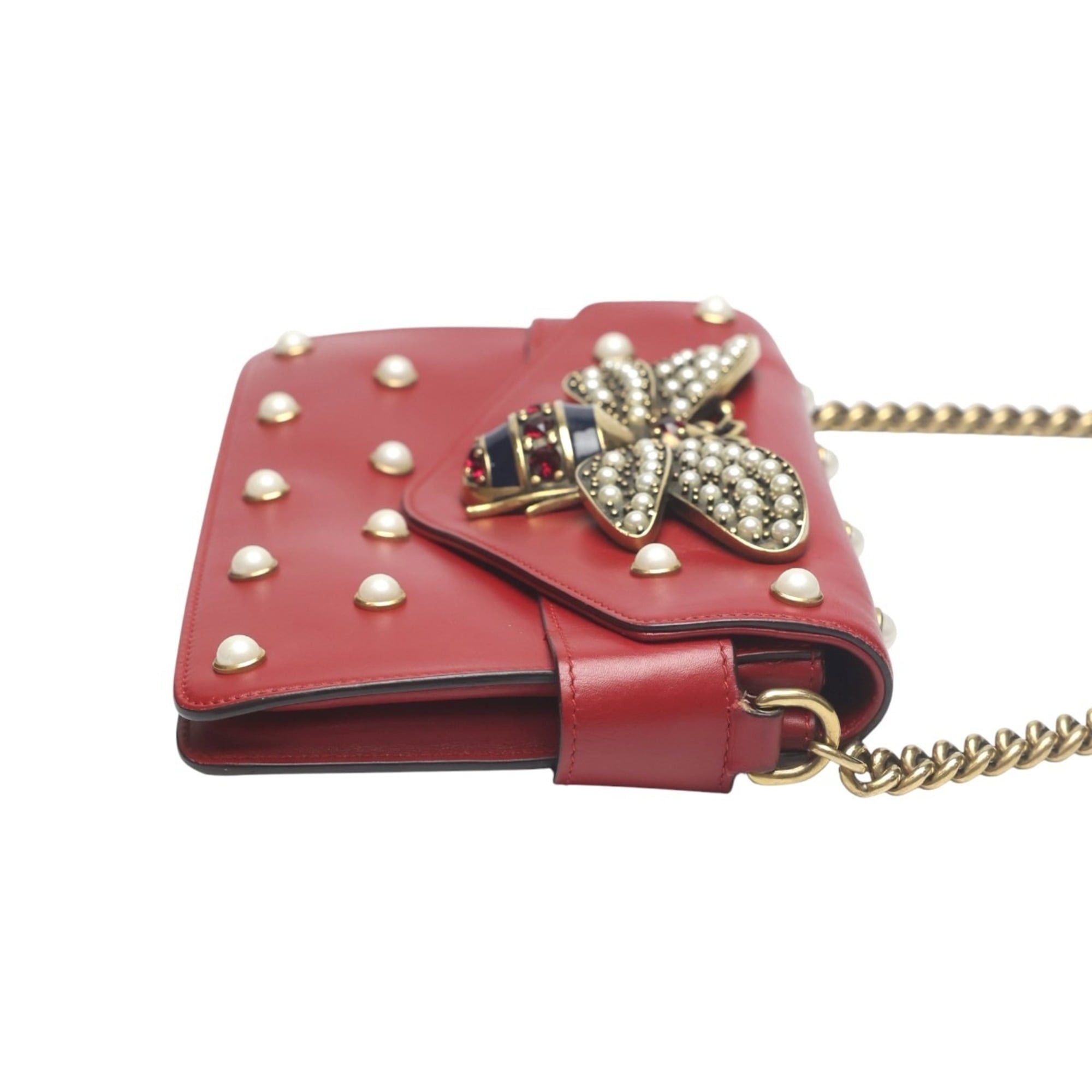 Gucci Gucci Broadway Pearl Bee Leather Handbag/Shoulder Bag, 2-Way Red, 453778 Size ONE SIZE - 4 Thumbnail