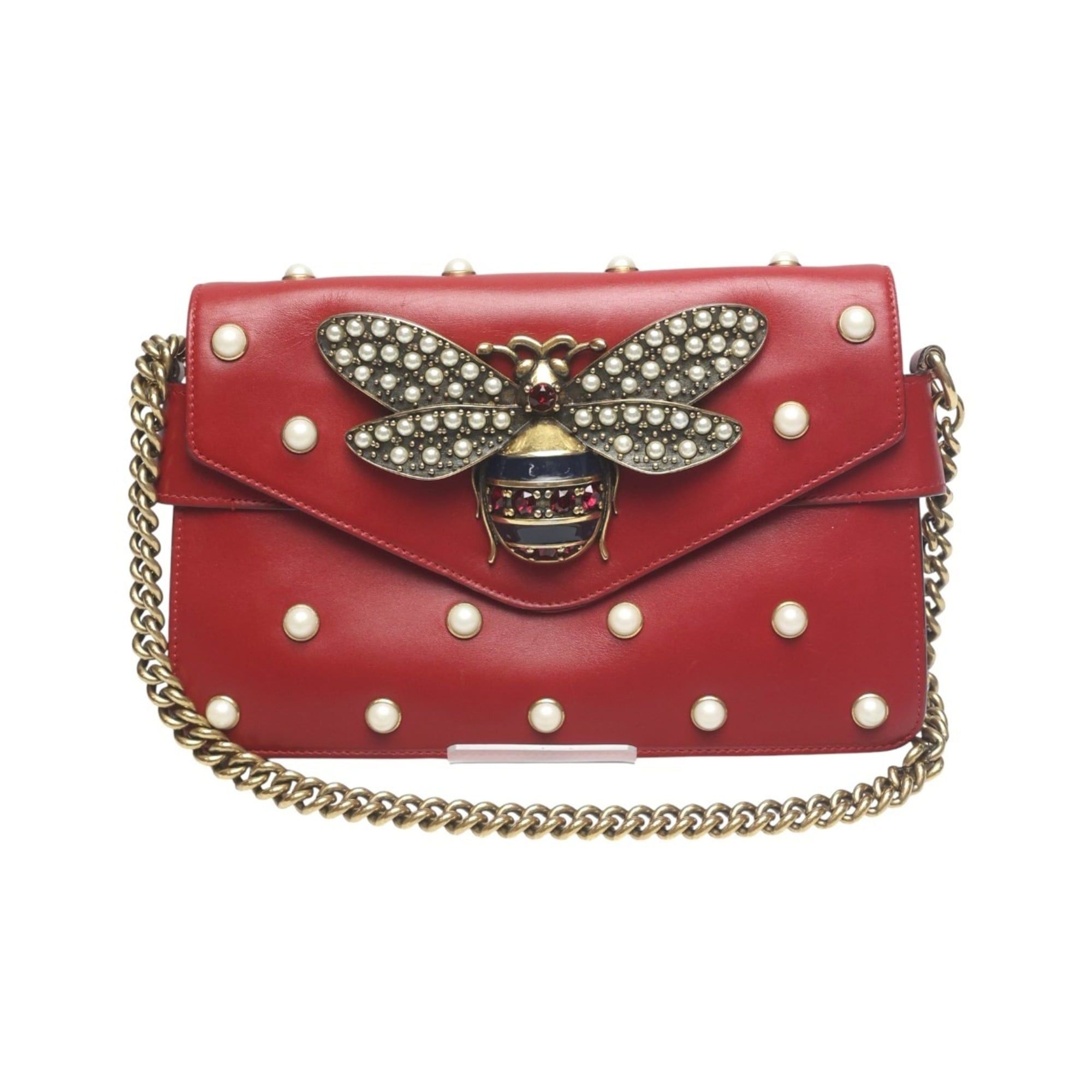 Gucci Gucci Broadway Pearl Bee Leather Handbag/Shoulder Bag, 2-Way Red, 453778 Size ONE SIZE - 2 Thumbnail
