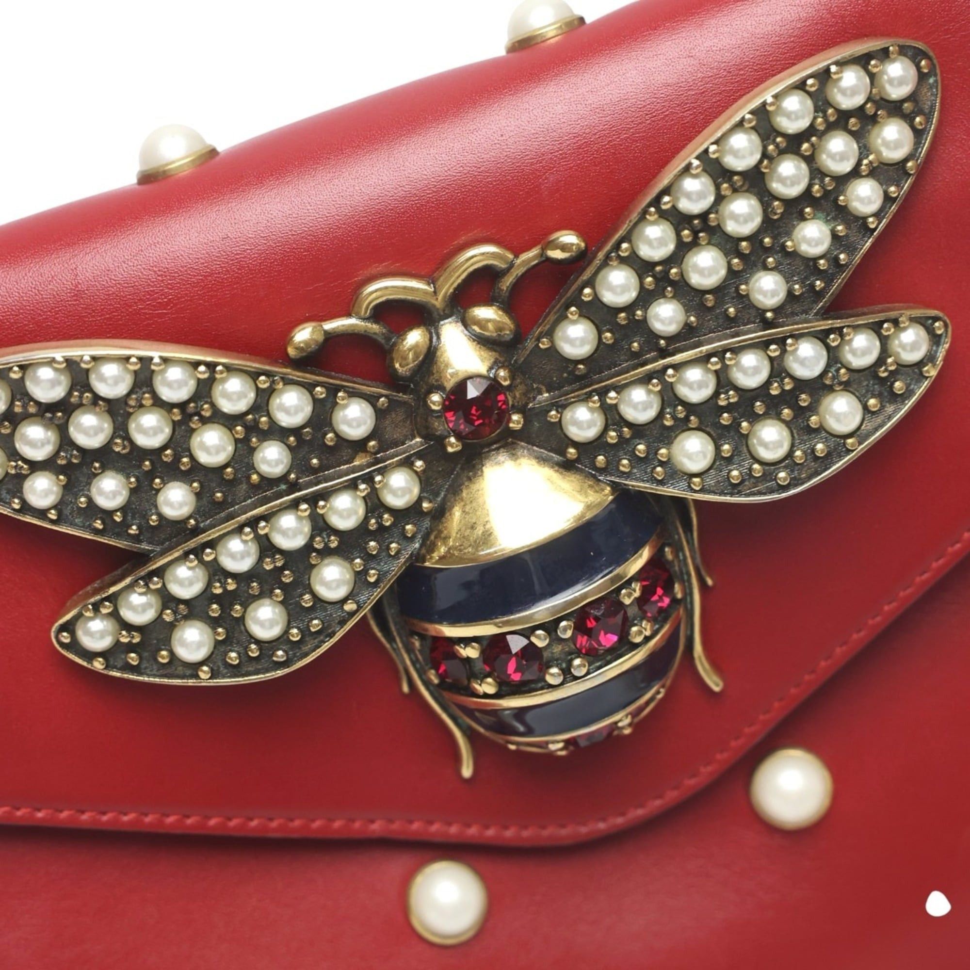 Gucci Gucci Broadway Pearl Bee Leather Handbag/Shoulder Bag, 2-Way Red, 453778 Size ONE SIZE - 10 Thumbnail