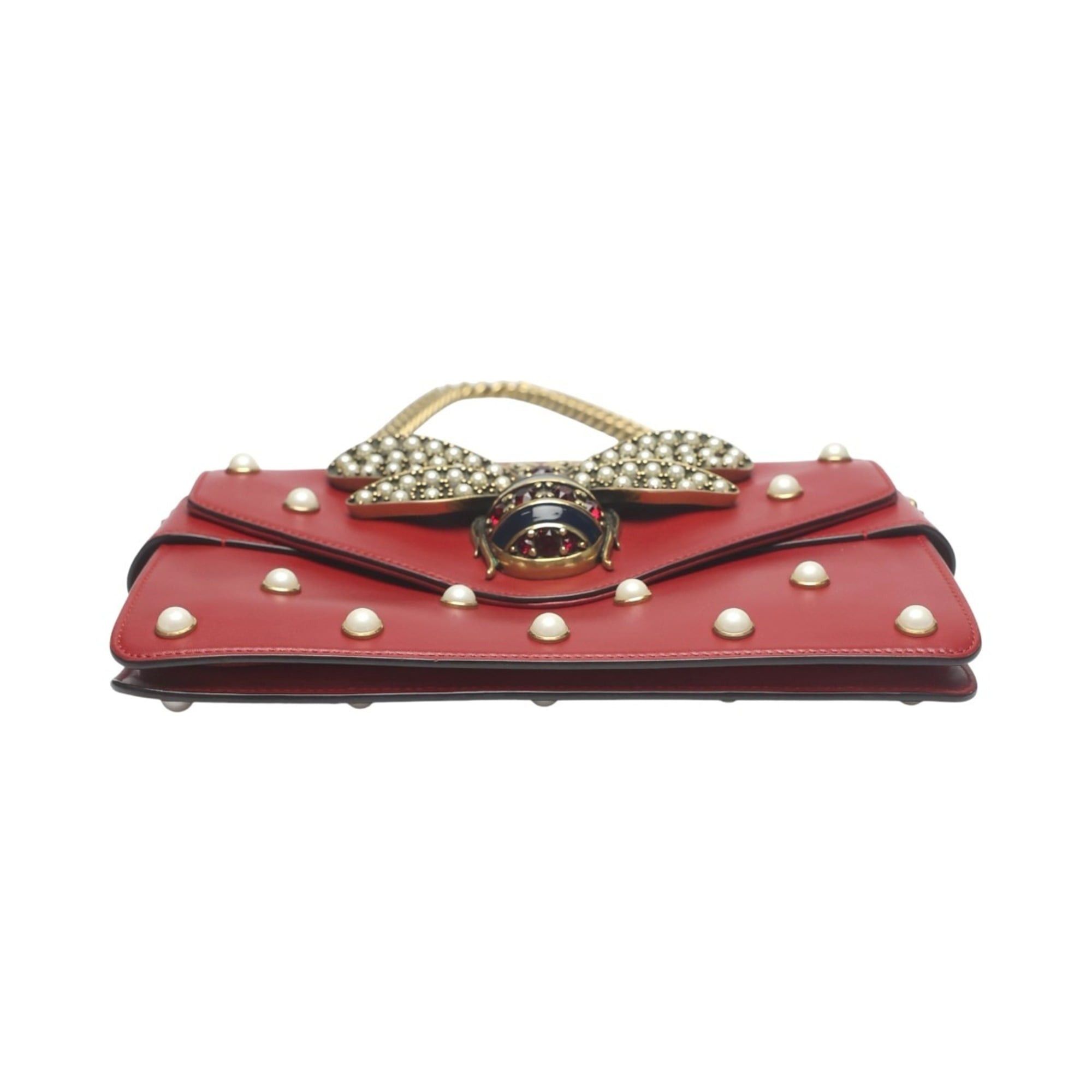 Gucci Gucci Broadway Pearl Bee Leather Handbag/Shoulder Bag, 2-Way Red, 453778 Size ONE SIZE - 6 Thumbnail