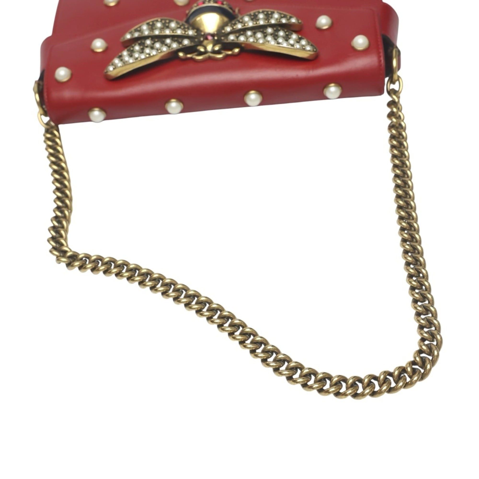 Gucci Gucci Broadway Pearl Bee Leather Handbag/Shoulder Bag, 2-Way Red, 453778 Size ONE SIZE - 9 Thumbnail