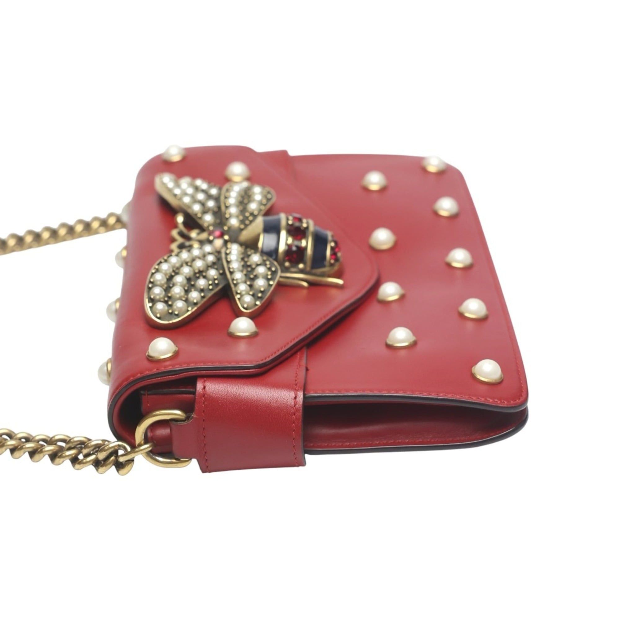 Gucci Gucci Broadway Pearl Bee Leather Handbag/Shoulder Bag, 2-Way Red, 453778 Size ONE SIZE - 5 Thumbnail
