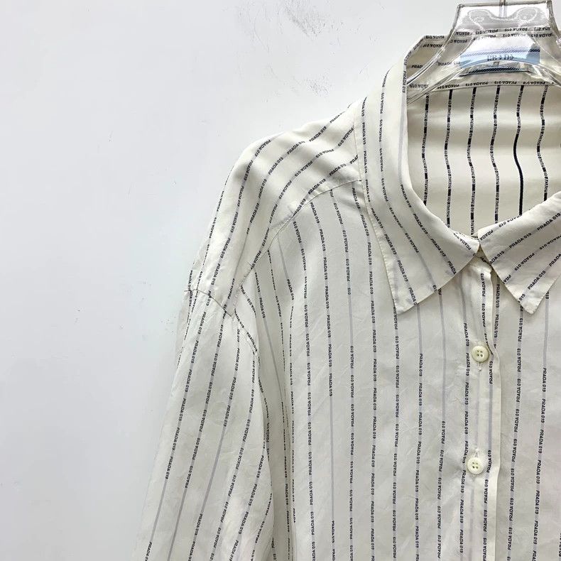 Prada Prada White Striped Logo Cotton Shirt Size US M / EU 48-50 / 2 - 3 Thumbnail