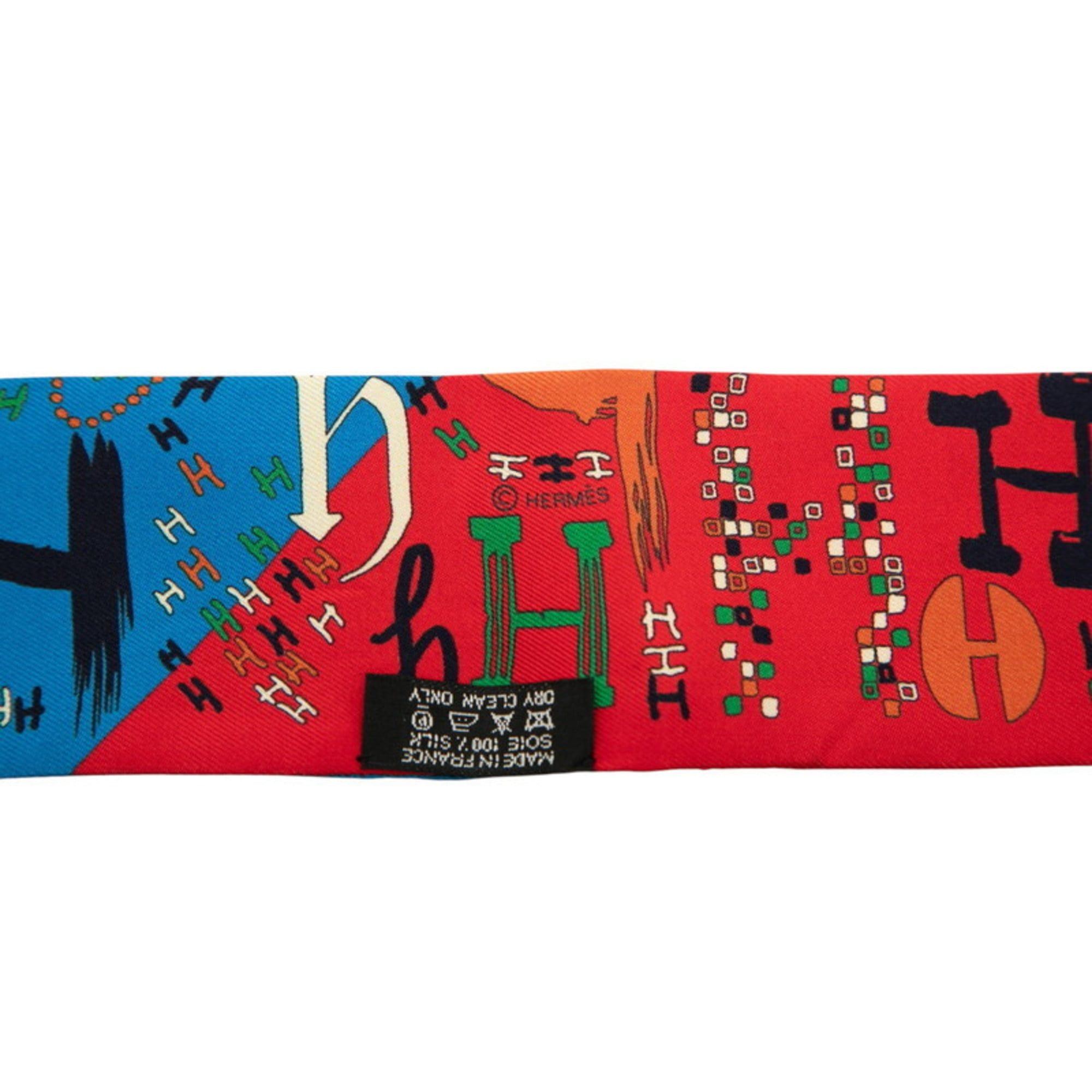 Hermes Hermes Hermès Twilly 1001H Thousand and One H Scarf Muffler in Red, Blue, Multicolor Silk for Women Size ONE SIZE - 4 Thumbnail