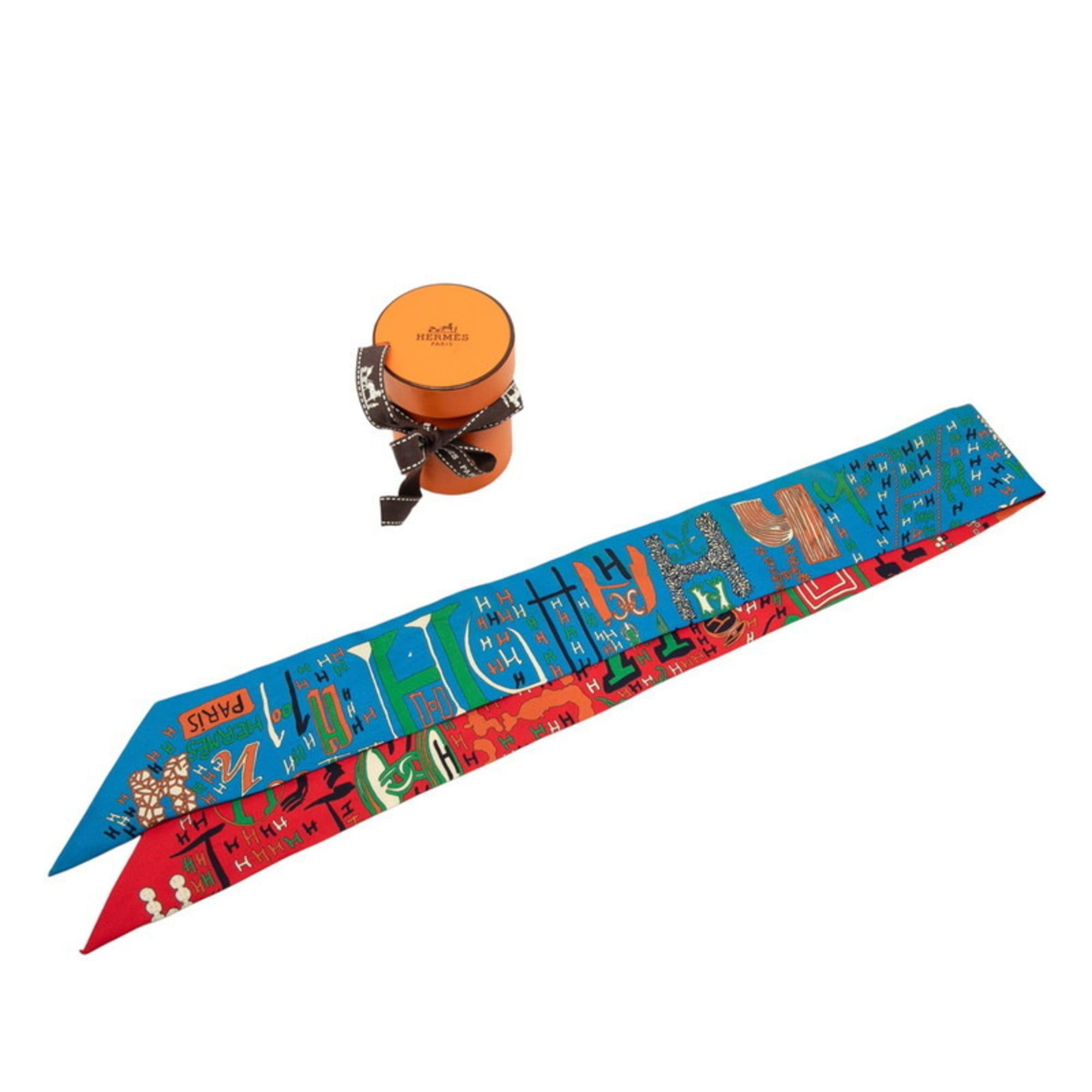 Hermes Hermes Hermès Twilly 1001H Thousand and One H Scarf Muffler in Red, Blue, Multicolor Silk for Women Size ONE SIZE - 5 Thumbnail