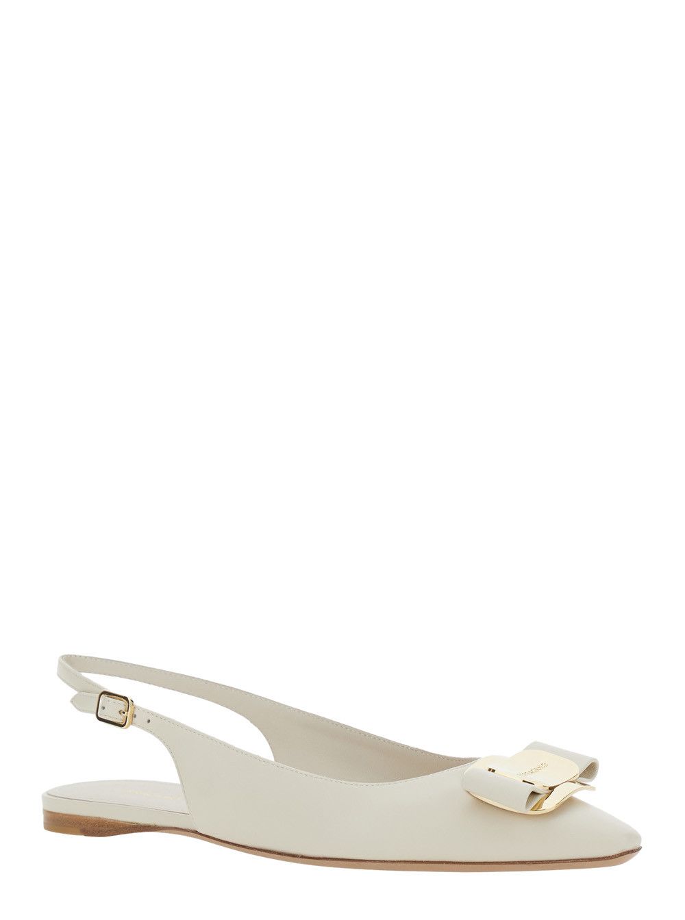 Salvatore Ferragamo White 'Zelmi' Slingback Ballet Shoes with Logo Plate on the Front In Leather for Women Size US 8.5 / IT 38.5 - 2 Thumbnail