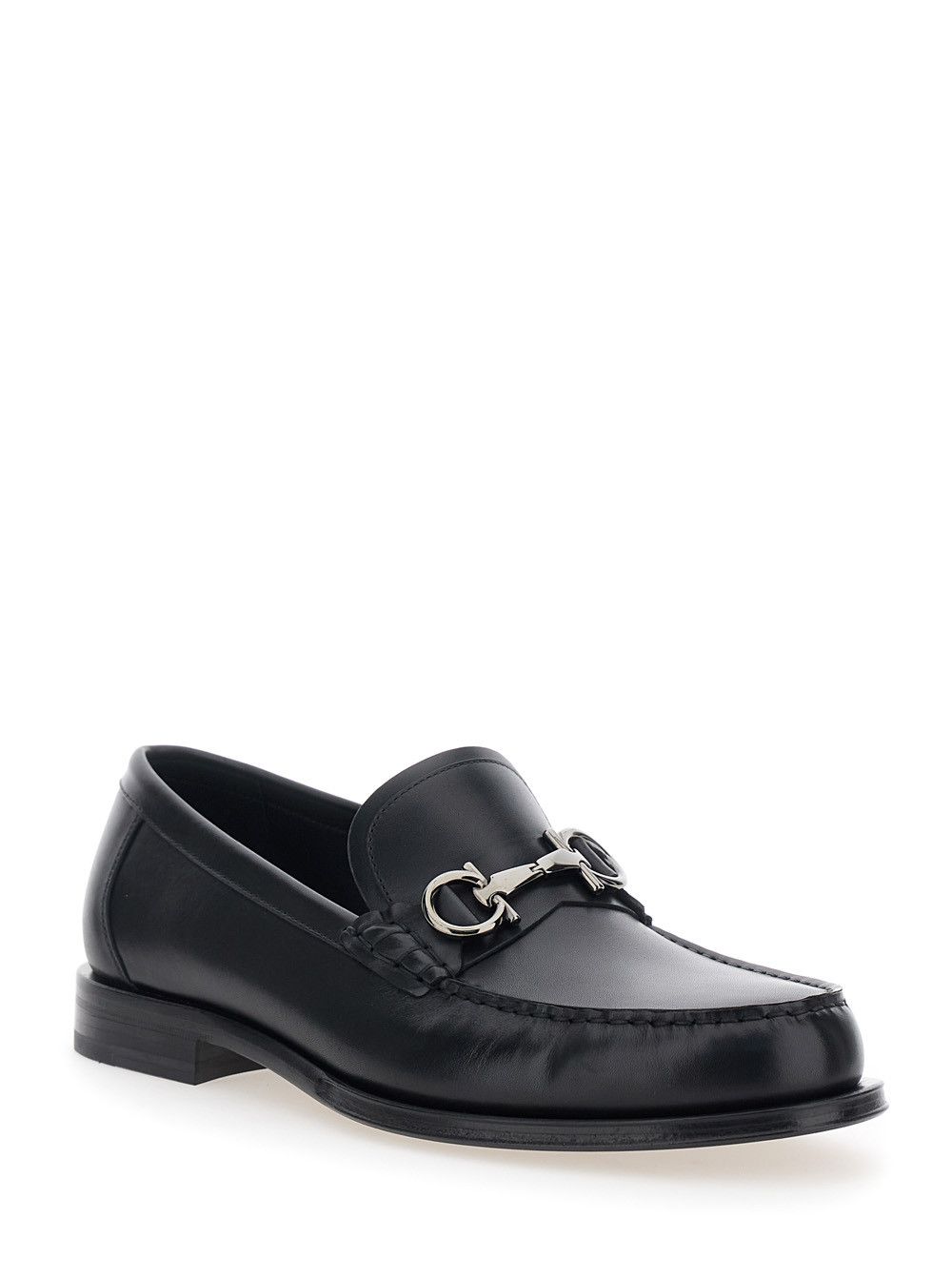 Salvatore Ferragamo Black Loafers with Gancini Metal Detail on the Front in Leather Man Size US 8.5 / EU 41-42 - 2 Thumbnail