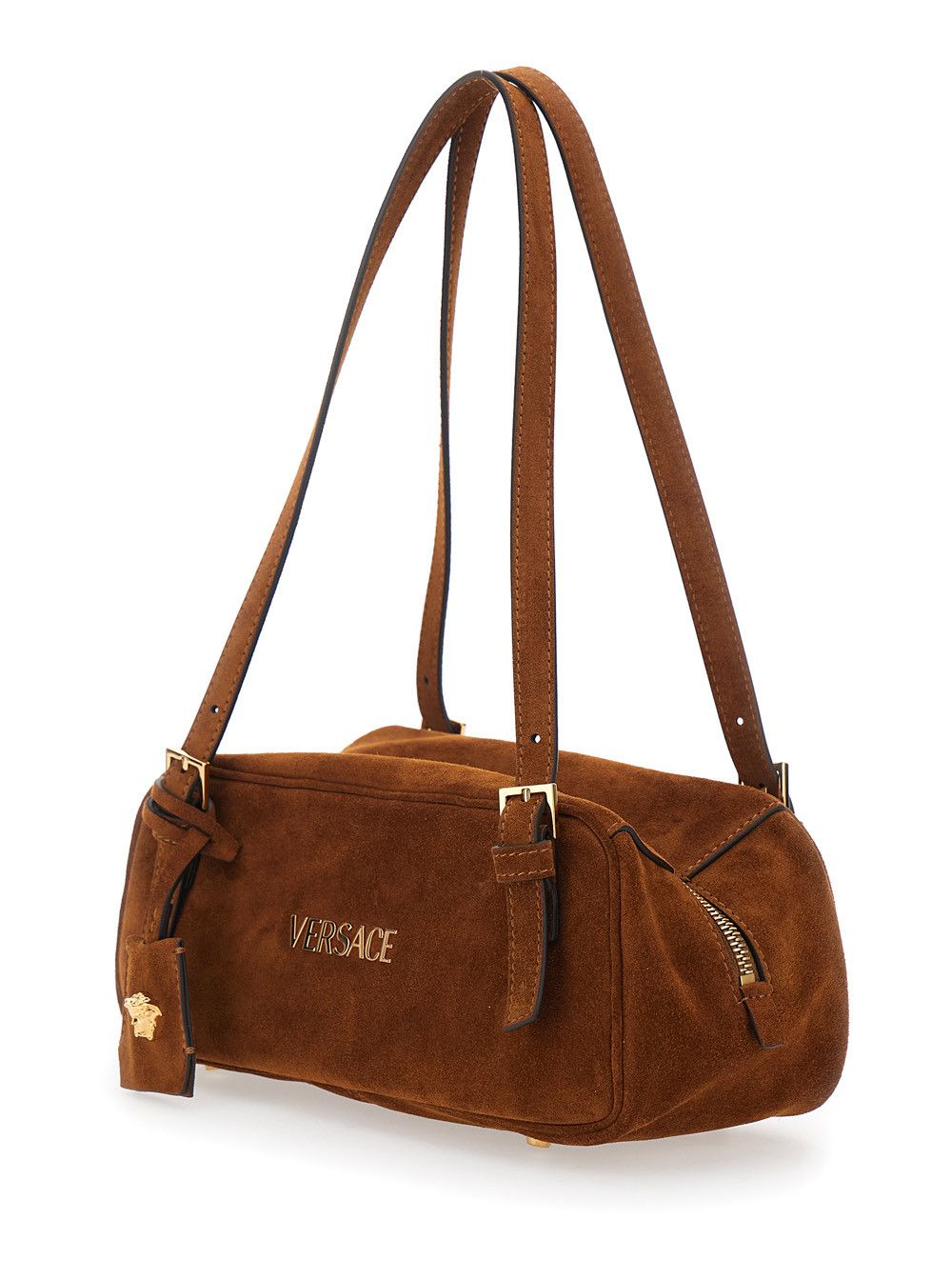 Versace Shoulder Bag 'Tag Bowling' with Metallic Lettering Logo and Medusa Head Pendant in Brown Suede for Women Size ONE SIZE - 2 Thumbnail