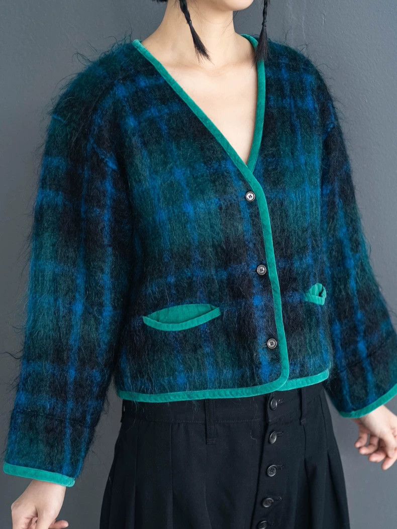 Kenzo 1980s KENZO Green Plaid Fuzzy Cardigan Vintage Size US M / EU 48-50 / 2 - 5 Thumbnail