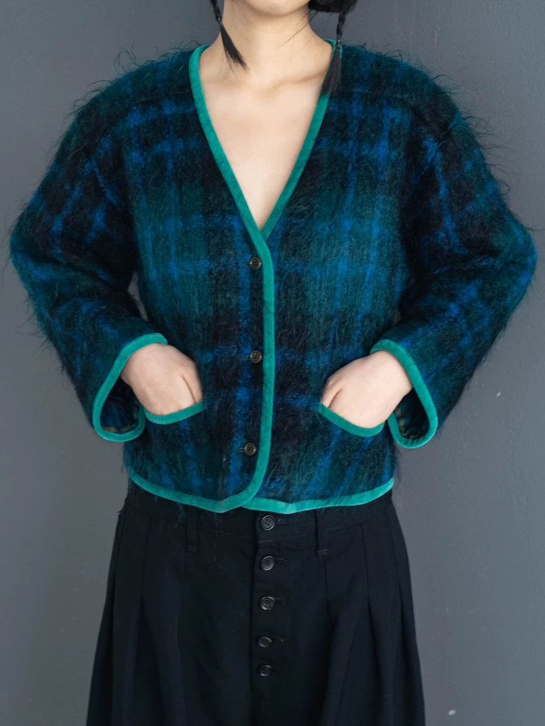 Kenzo 1980s KENZO Green Plaid Fuzzy Cardigan Vintage Size US M / EU 48-50 / 2 - 7 Thumbnail