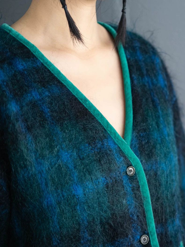 Kenzo 1980s KENZO Green Plaid Fuzzy Cardigan Vintage Size US M / EU 48-50 / 2 - 4 Thumbnail