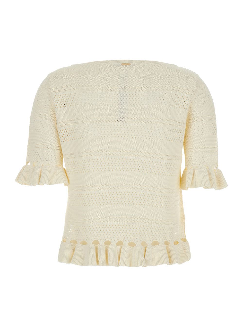 TWINSET Sweater with Ruffles and Perforated Design in Wool Blend White Women Size L / US 10 / IT 46 - 2 Thumbnail