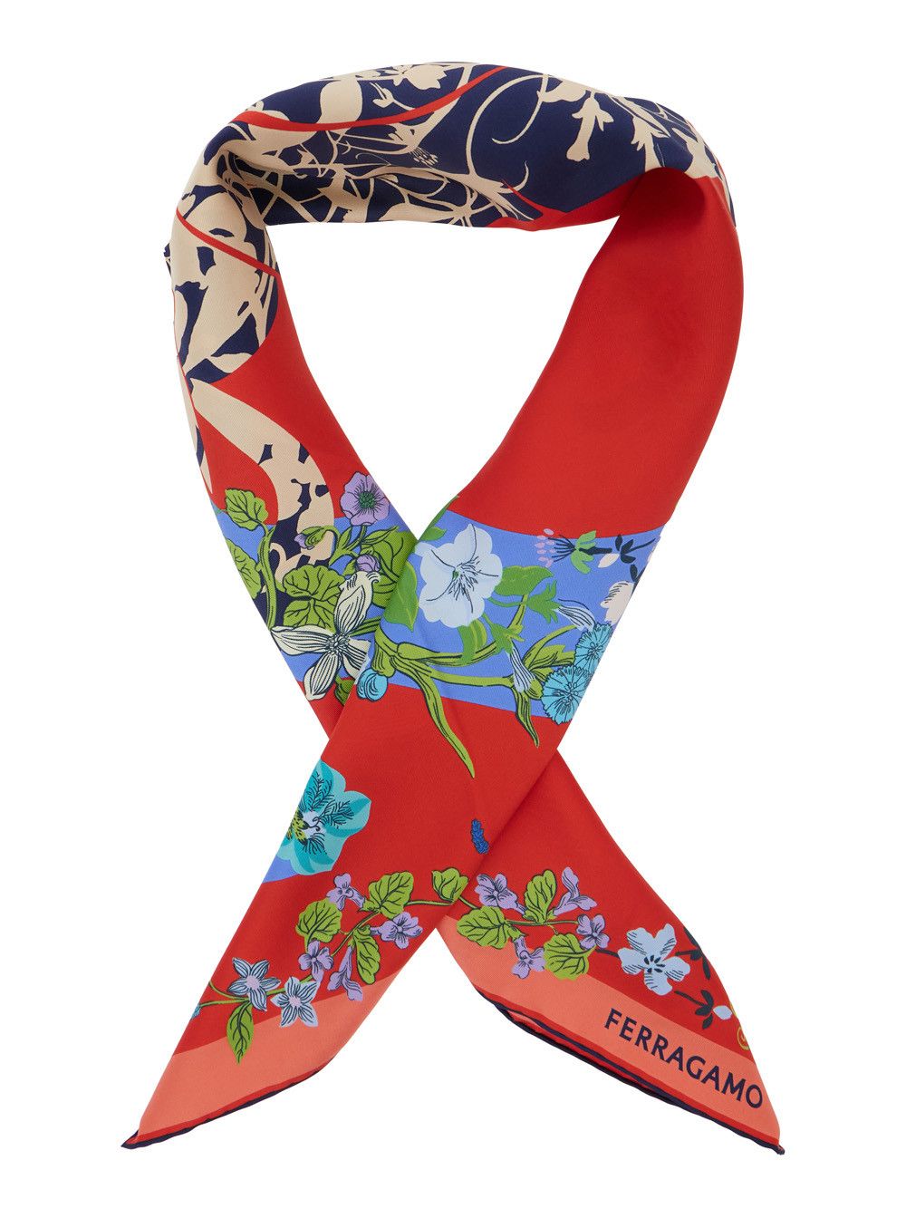 Salvatore Ferragamo Red Scarf with Floral Print Motif and Lettering Logo in Silk Woman Size ONE SIZE - 2 Thumbnail