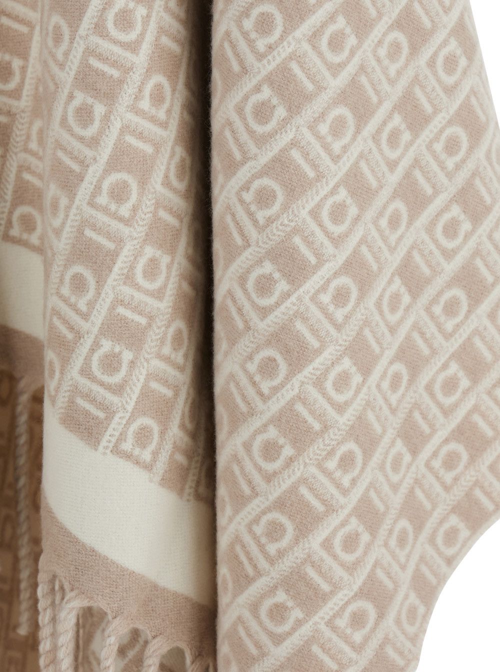 Salvatore Ferragamo Beige Cape with Frayed Hem and All-Over Gancini Embroidery in Wool for Women Size M / US 6-8 / IT 42-44 - 3 Thumbnail