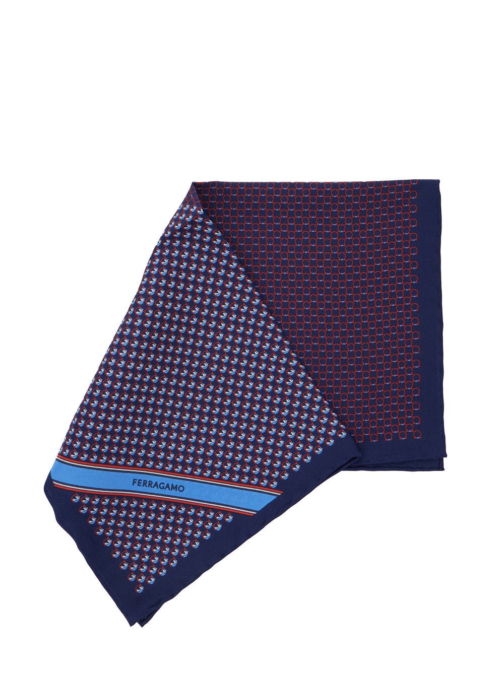 Salvatore Ferragamo Blue Pocket Square with Gancini Print and Lettering Logo in Silk Man Size ONE SIZE - 2 Thumbnail