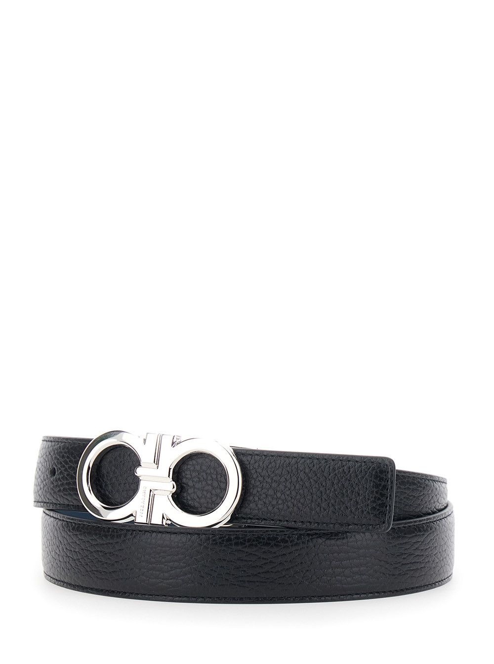 Salvatore Ferragamo Black Reversible Belt with Gancini Buckle in Hammered Leather for Men Size ONE SIZE - 2 Thumbnail