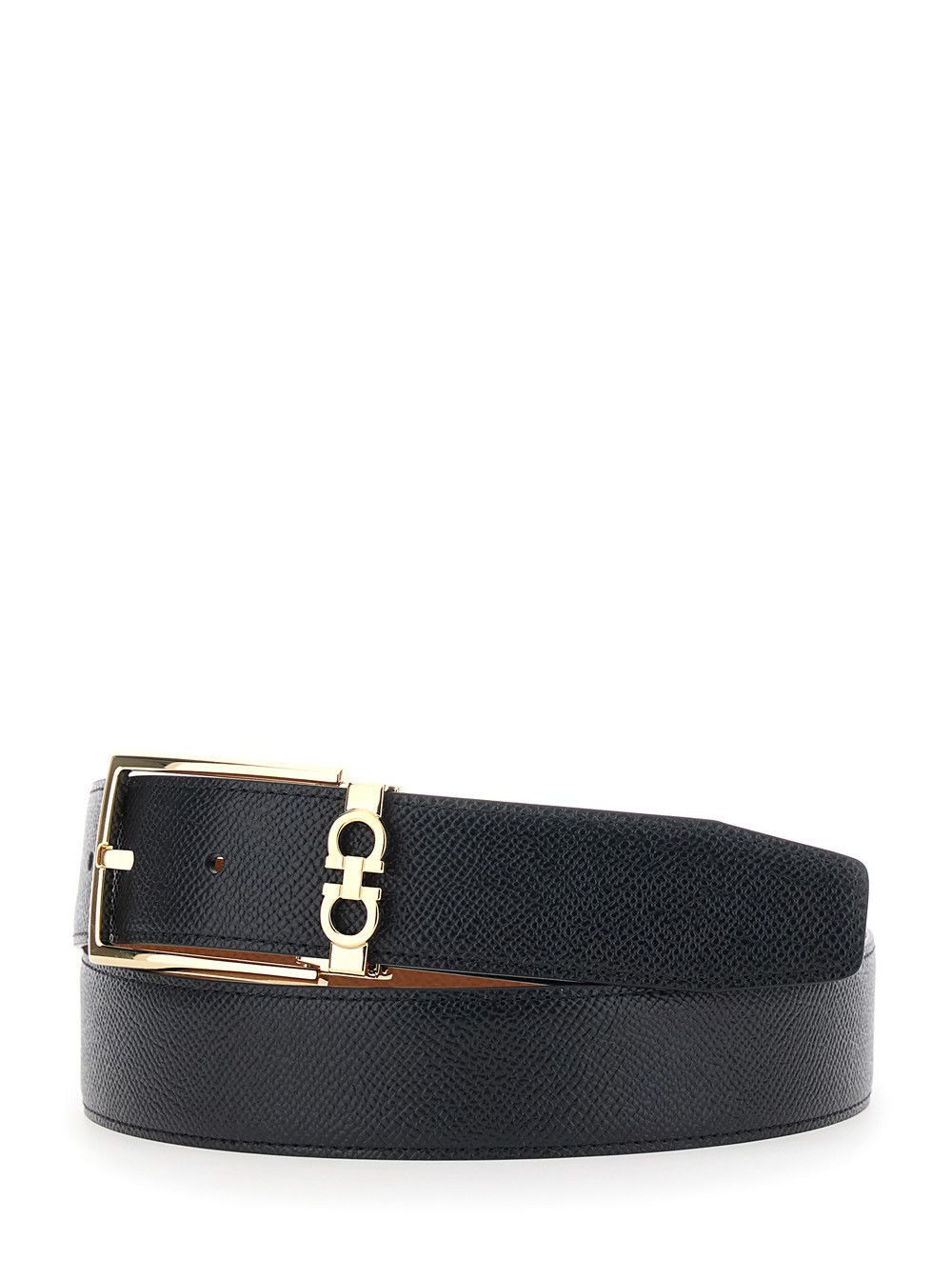 Salvatore Ferragamo Black Reversible Belt with Gancini Buckle in Hammered Leather for Men Size ONE SIZE - 2 Thumbnail